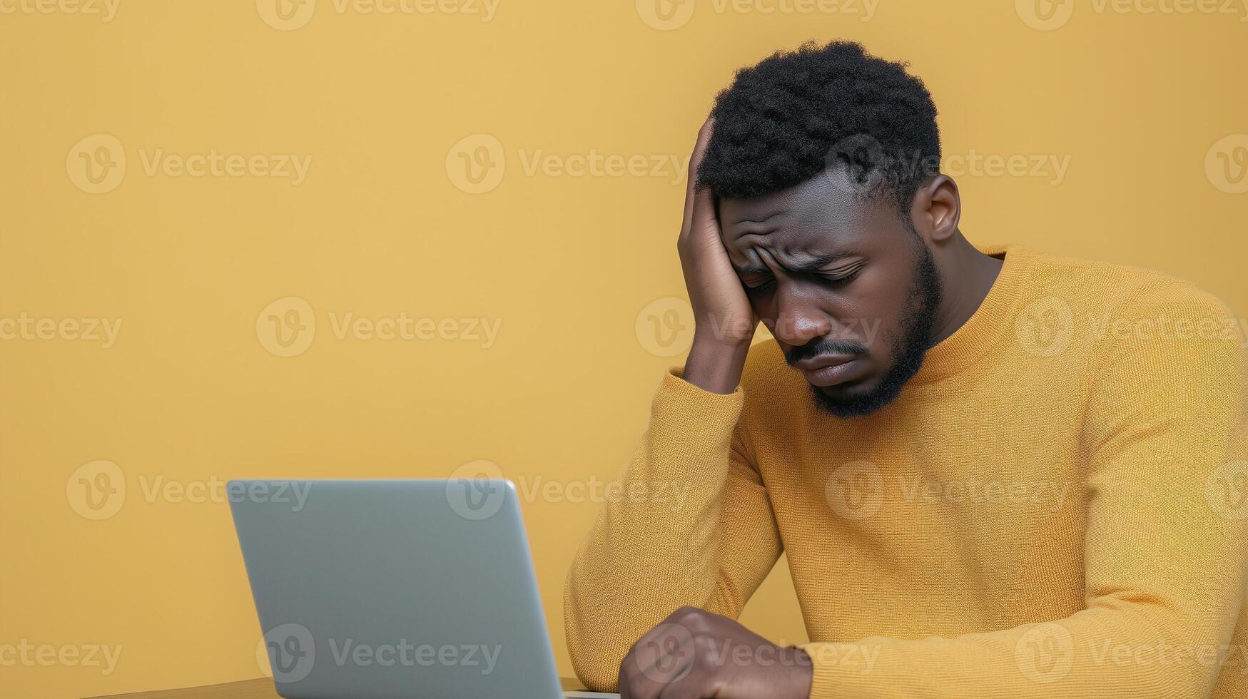 Man at Home Office Frustrated While Sitting at Desk Looking at Computer in Yellow Room photo