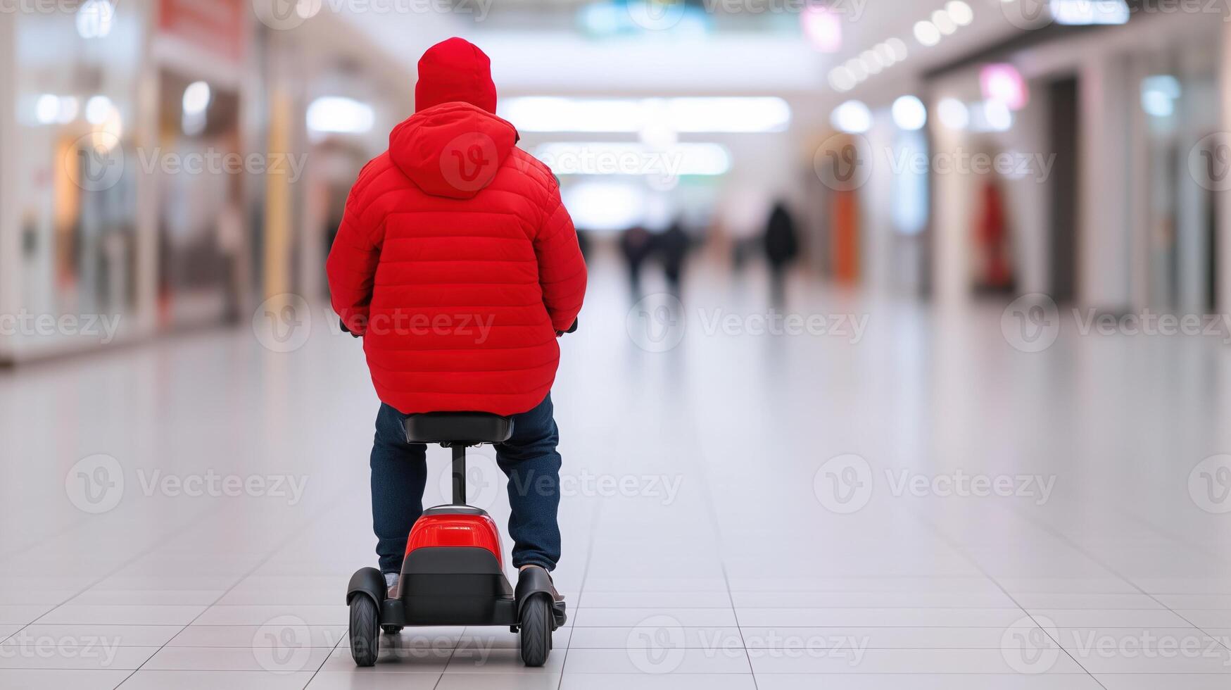 Mobility Scooter User in Red Jacket Traveling Through Indoor Shopping Mall Aisle, Blurred Background, Back View, Daytime Setting, Focus on Accessibility and Independence Concept photo