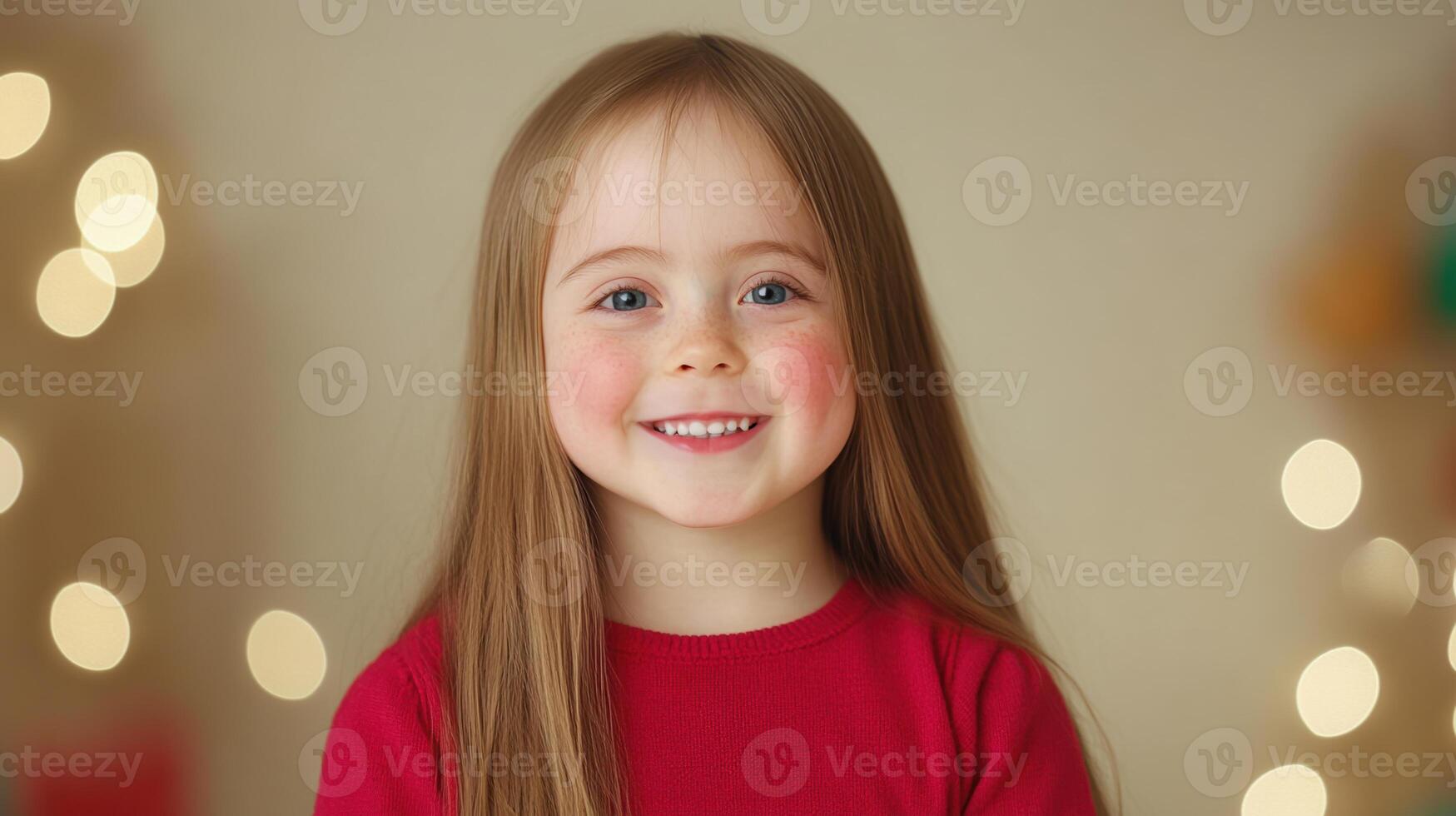 Down syndrome Happy Child Girl. Portrait of Smiling Preschooler With Long Hair and Red Sweater in Soft Bokeh Background, Capturing Joyful Expression and Warm Atmosphere, Child-Focused Emotional Themes photo