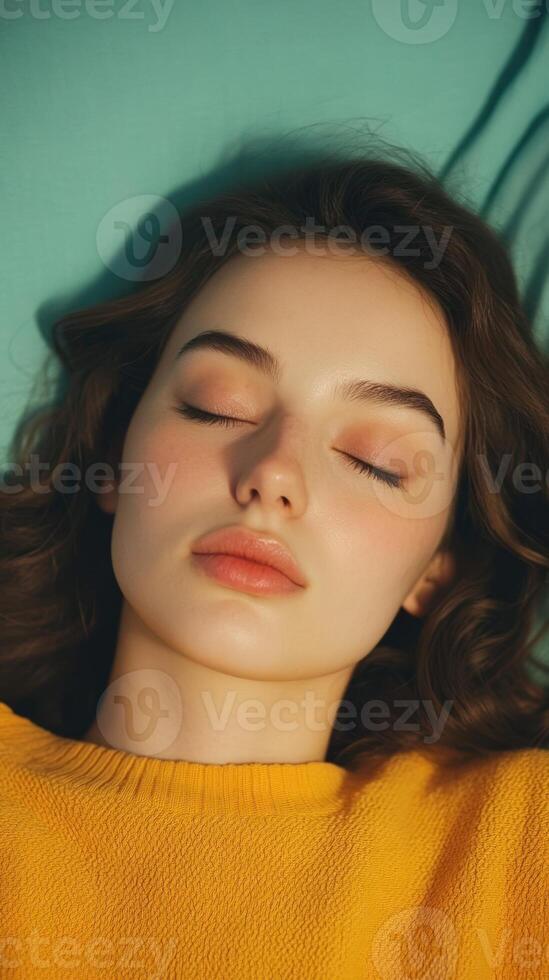 Sleep peaceful rest woman with eyes closed wearing a yellow sweater, lying on a teal surface with soft natural lighting. photo