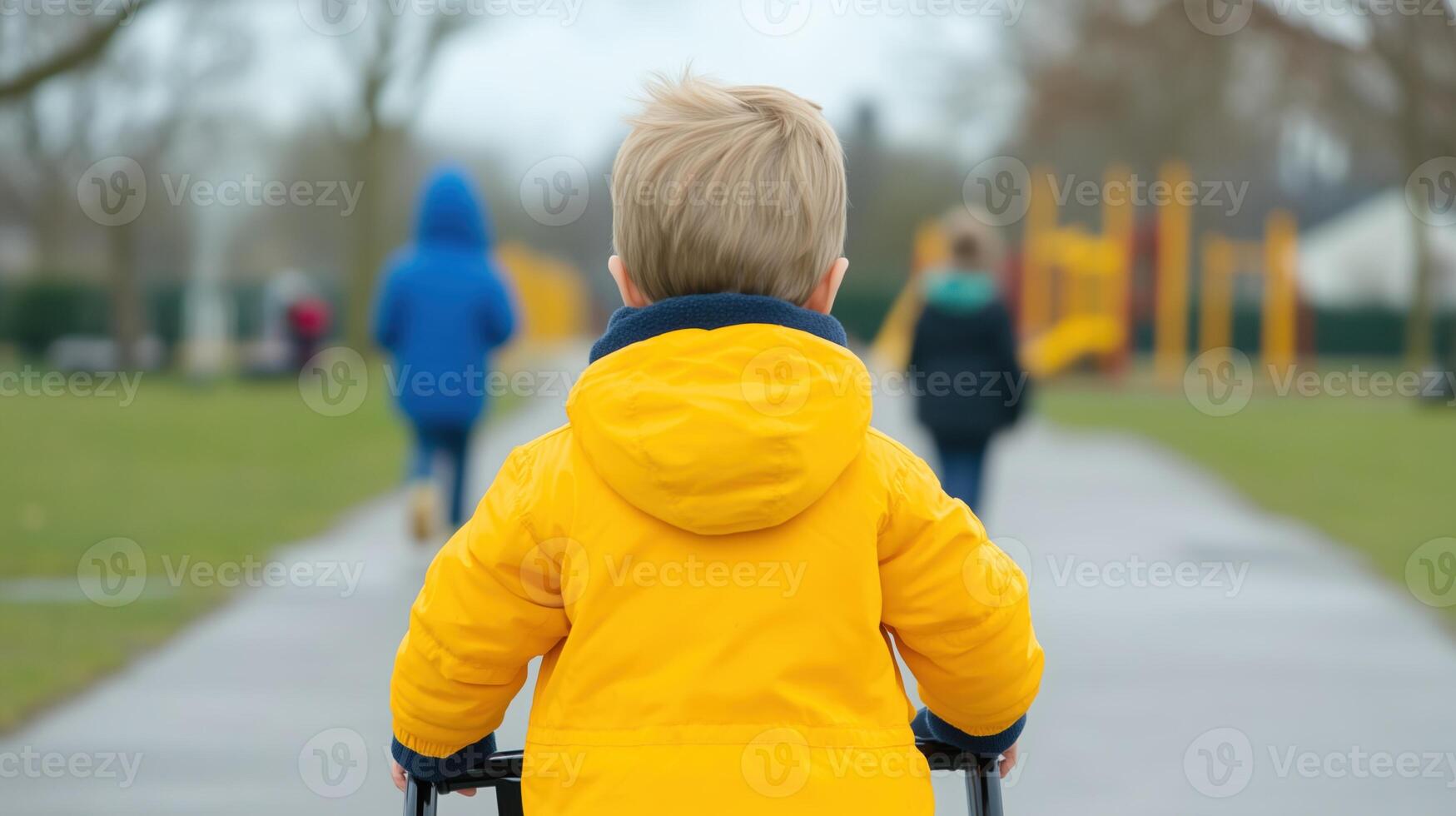 Toddler Using Mobility Walker in Park on Overcast Day with Family in Background photo