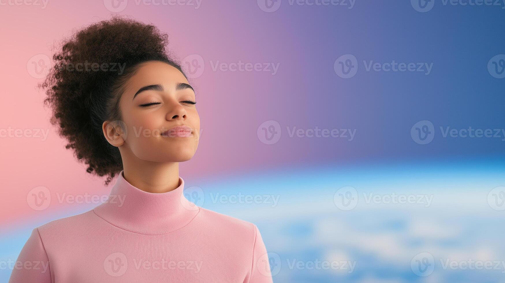 Female Astronaut Gazing at Earth from Space Wearing Pink Turtleneck, Contemplative Expression Against Blue and Pink Backdrop, Atmospheric Perspective, Personal Reflection Space Exploration photo