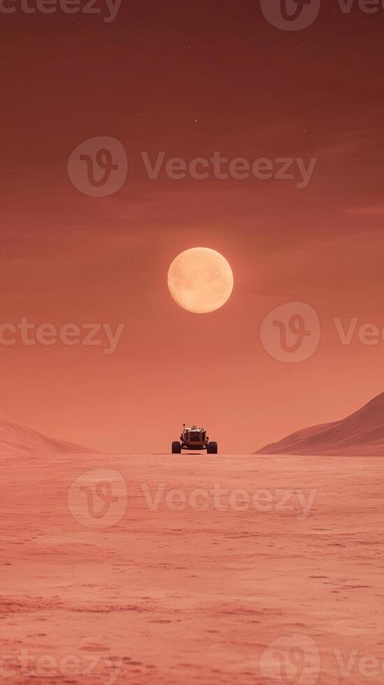Marte vagabundo explorador expansivo rojo planeta superficie debajo lleno Luna con dramático cielo, ideal para Ciencias ficción temas, espacio exploración conceptos, y futurista viaje inspiraciones foto