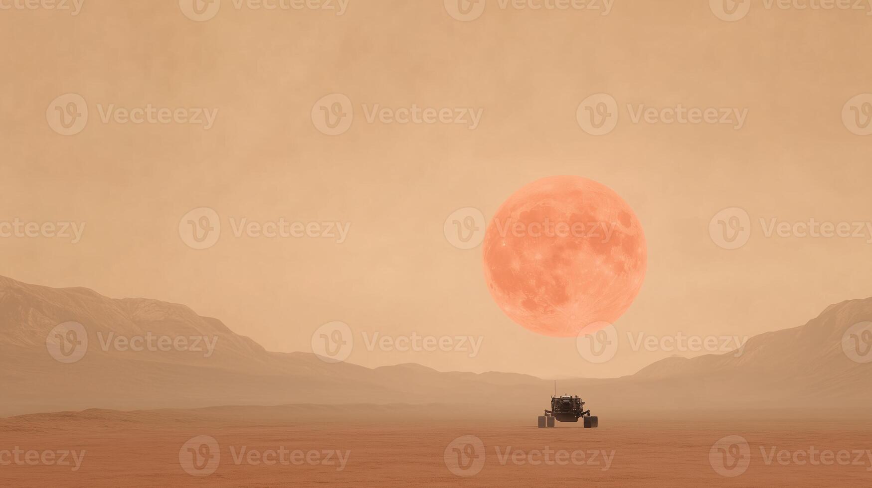 Mars Rover Exploring Alien Terrain with Large Red Planet in Desert Landscape Under Dusty Sky Capturing Space Exploration and Scientific Discoveries on a Distant Planetary Surface photo