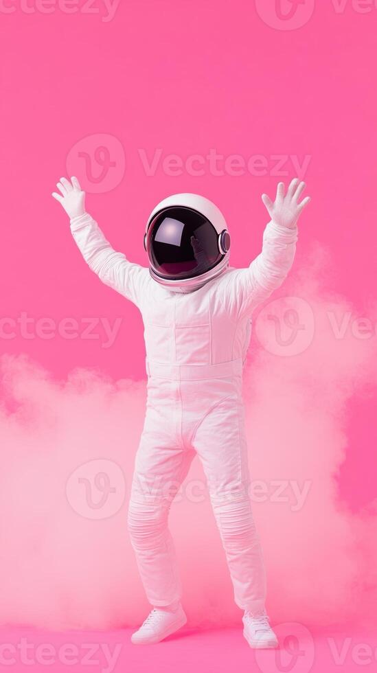 Astronaut Costume Party Fun in Pink Smoke Background Wearing Space Suit Celebrating Festive Occasion in Vibrant Atmosphere Inside College House with Joyful Expressions and Raised Hands photo