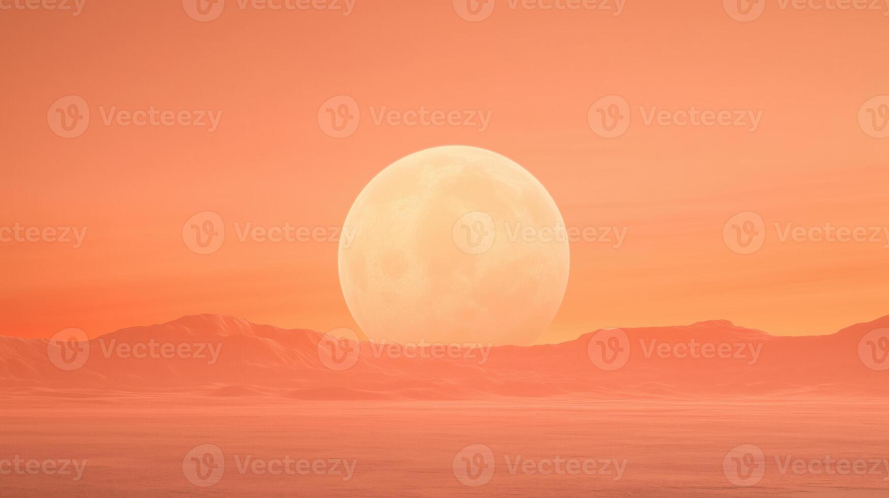 Moonlit Martian Landscape with Rover Exploring Surface Under Large Celestial Glow in Sunset Atmosphere and Barren Terrain of Distant Planetary Horizon in Vast Open Space photo