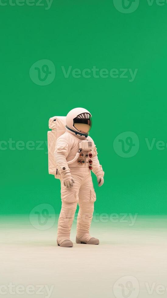 Astronaut Standing in Surreal Landscape with Green Screen Background Exploring Space Concepts and Earthly Illusions for Creative Design Projects in Futuristic Settings and Science Fiction Themes photo