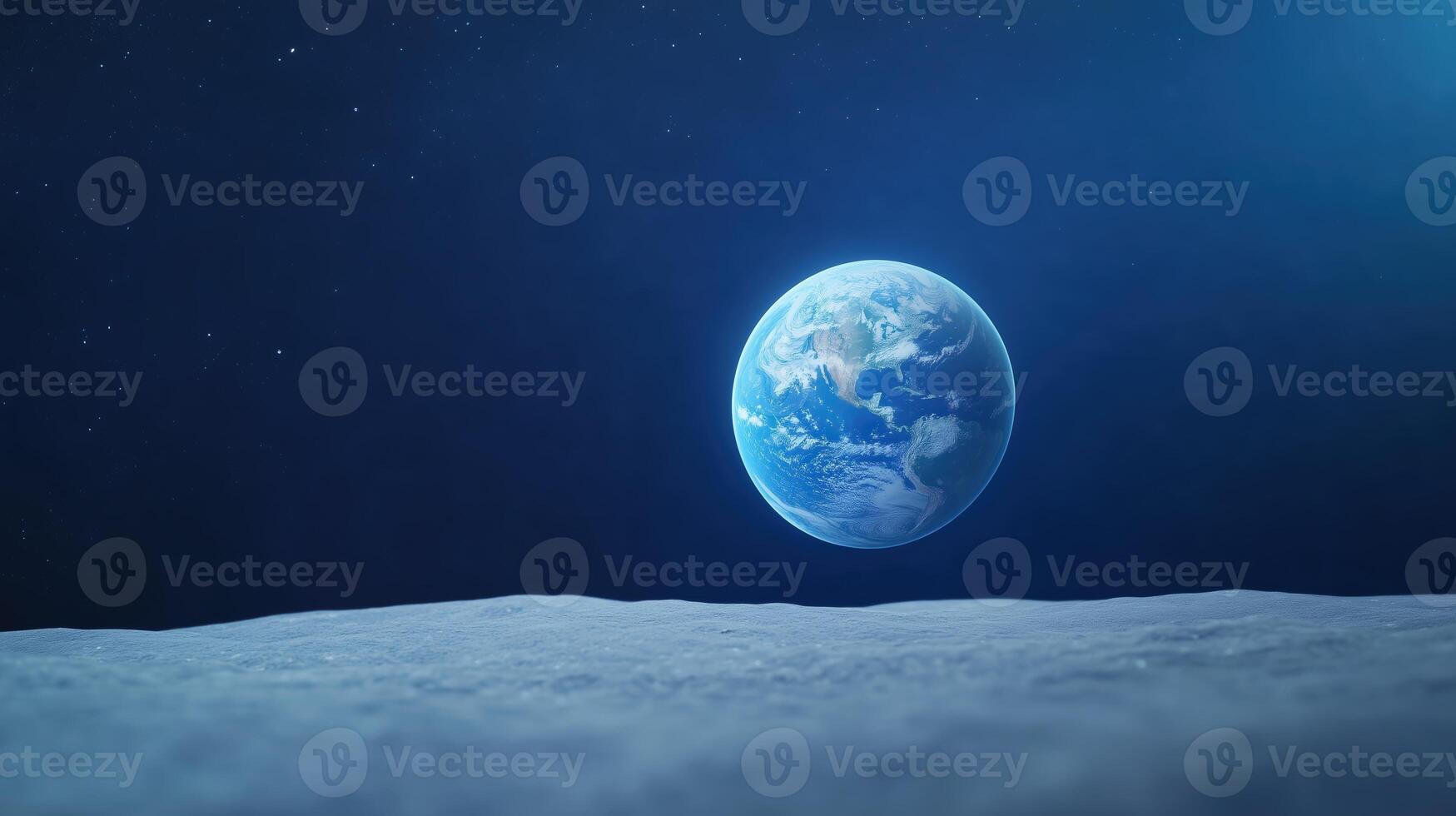 View of Earth from the Moon Surface in Space with Distant Stars in Background, Realistic Depiction of Blue Planet, Captivating Cosmic Scene for Astronomy Enthusiasts and Sci-Fi Illustrations photo