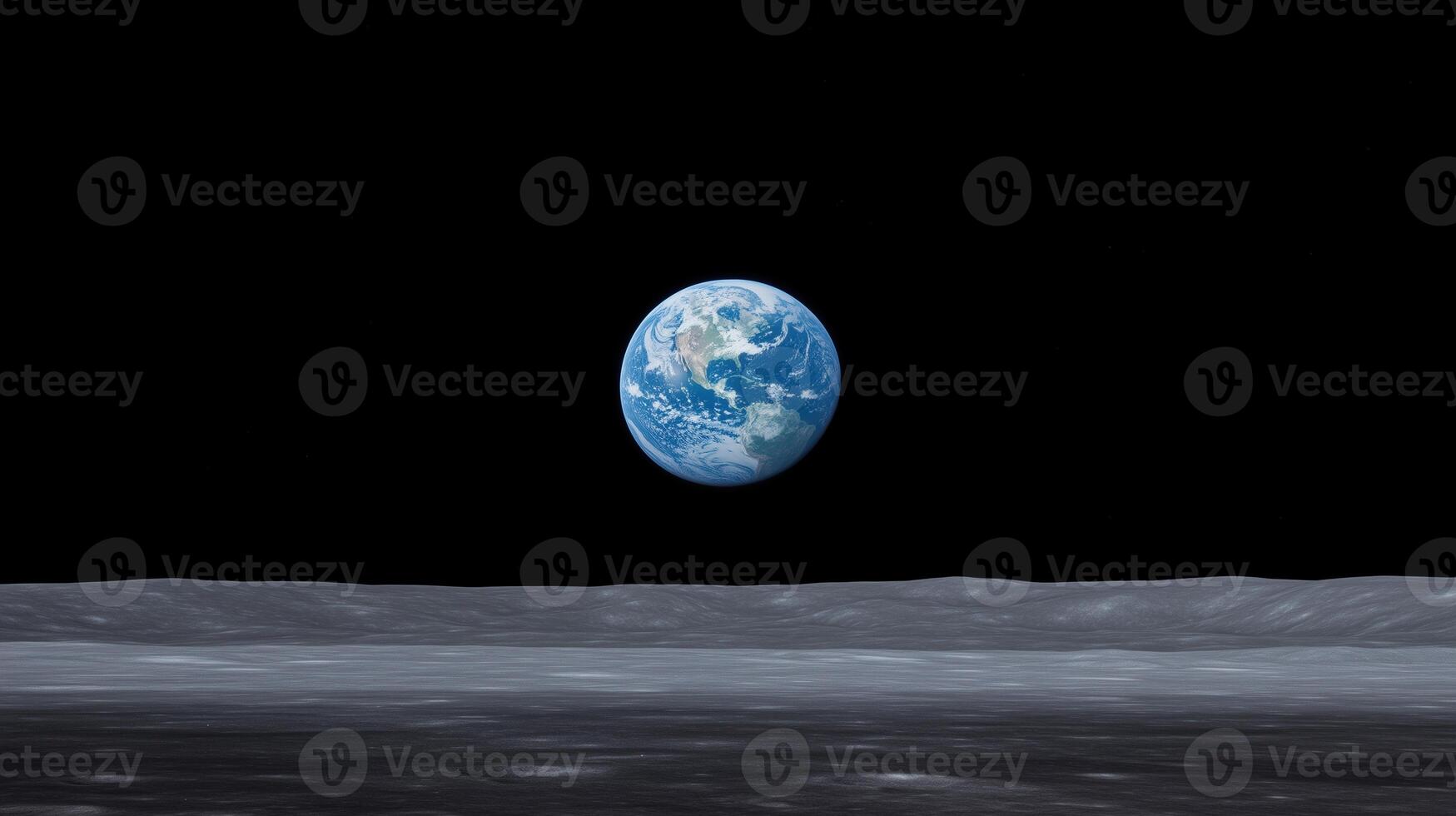 Blue Earth Seen From Moon Surface Showing Stunning View of Planet Against Black Space and Grey Lunar Terrain in Realistic Depiction Capturing Space Exploration and Interplanetary Perspective photo