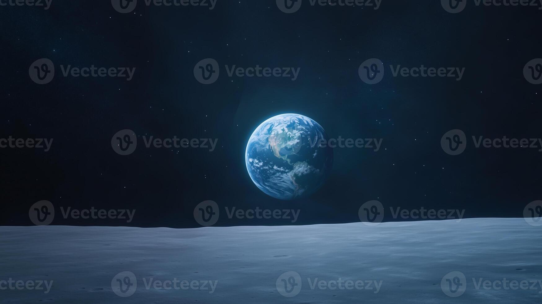 Earth Rising Over Moon Horizon in Deep Space with Stars, Realistic Cosmic View of Blue Planet from Lunar Surface photo