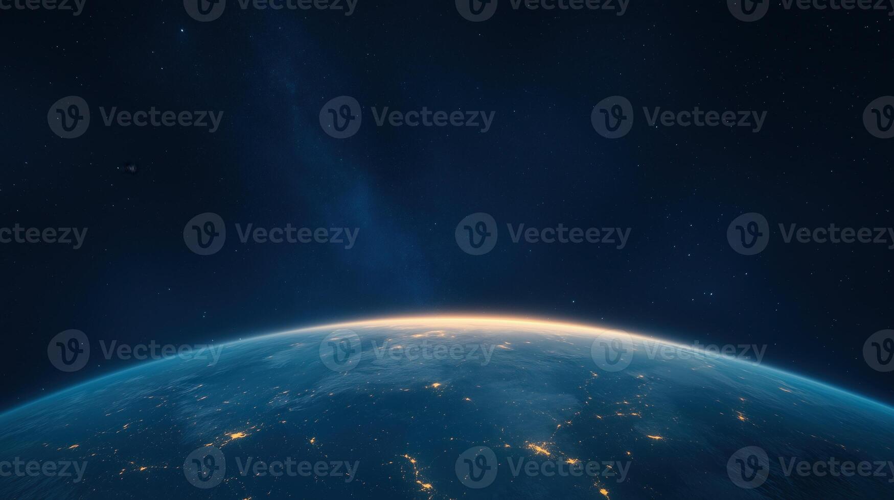 Celestial Connections Enveloped by Interconnected Universe Showcasing Earth Horizon with Starry Night Sky, Space Exploration Concept, Highlighting Global Connectivity and Technological Advancements photo