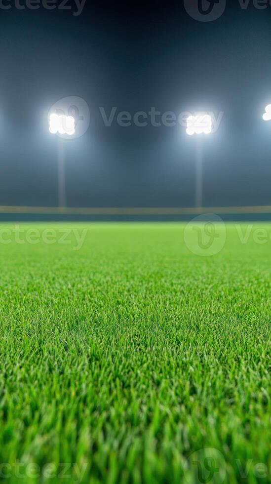 Baseball Field Stadium Illuminated at Night for Evening Game Tournament with Green Grass and Bright Stadium Lights in Background photo