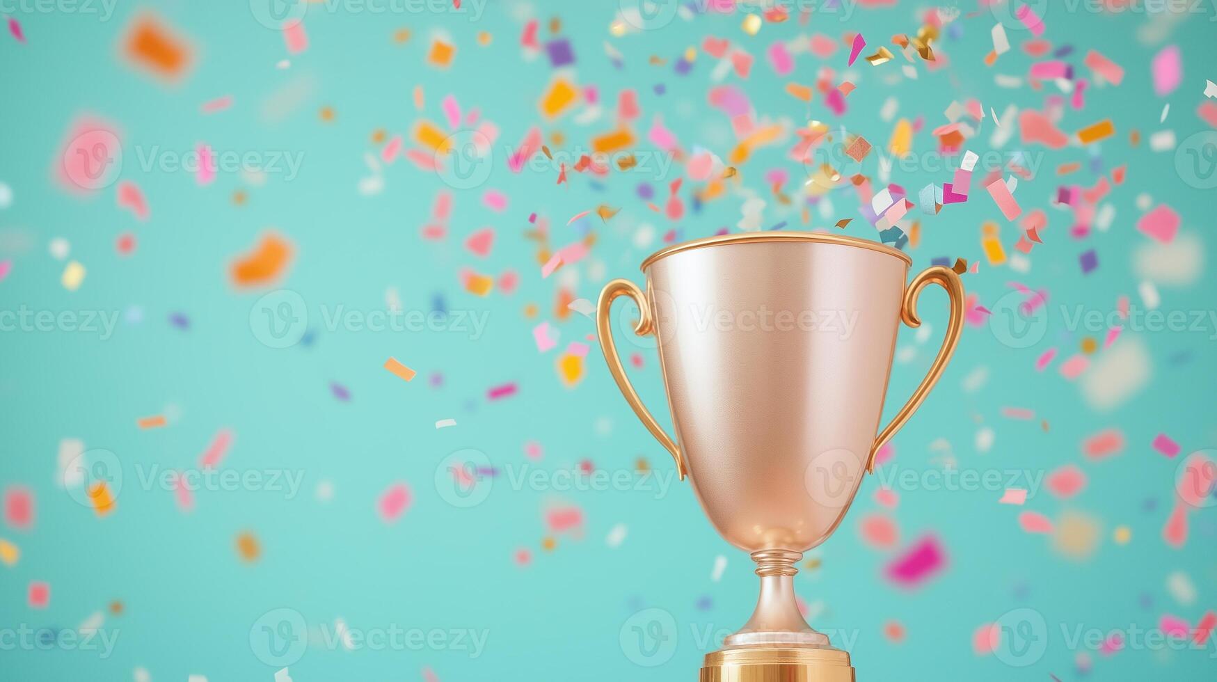 Gold Winners Trophy Cup with Colorful Confetti on Blue Background for Celebration, Success, and Achievement Themes in Vibrant Photography with Festive Elements, Ideal for Awards and Competitions photo
