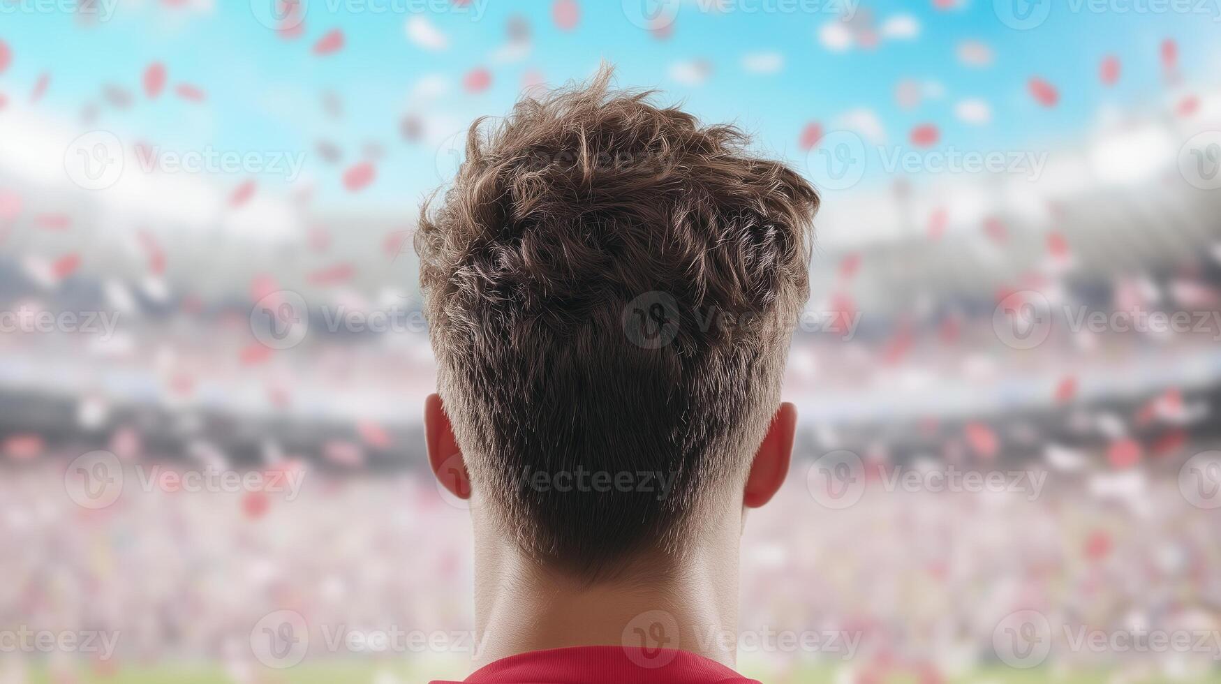 Victory Celebration in Stadium Arena with Red and White Confetti Creating a Festive Atmosphere Capturing the Excitement and Triumph of the Event with a Focus on the Enthusiastic Crowd photo