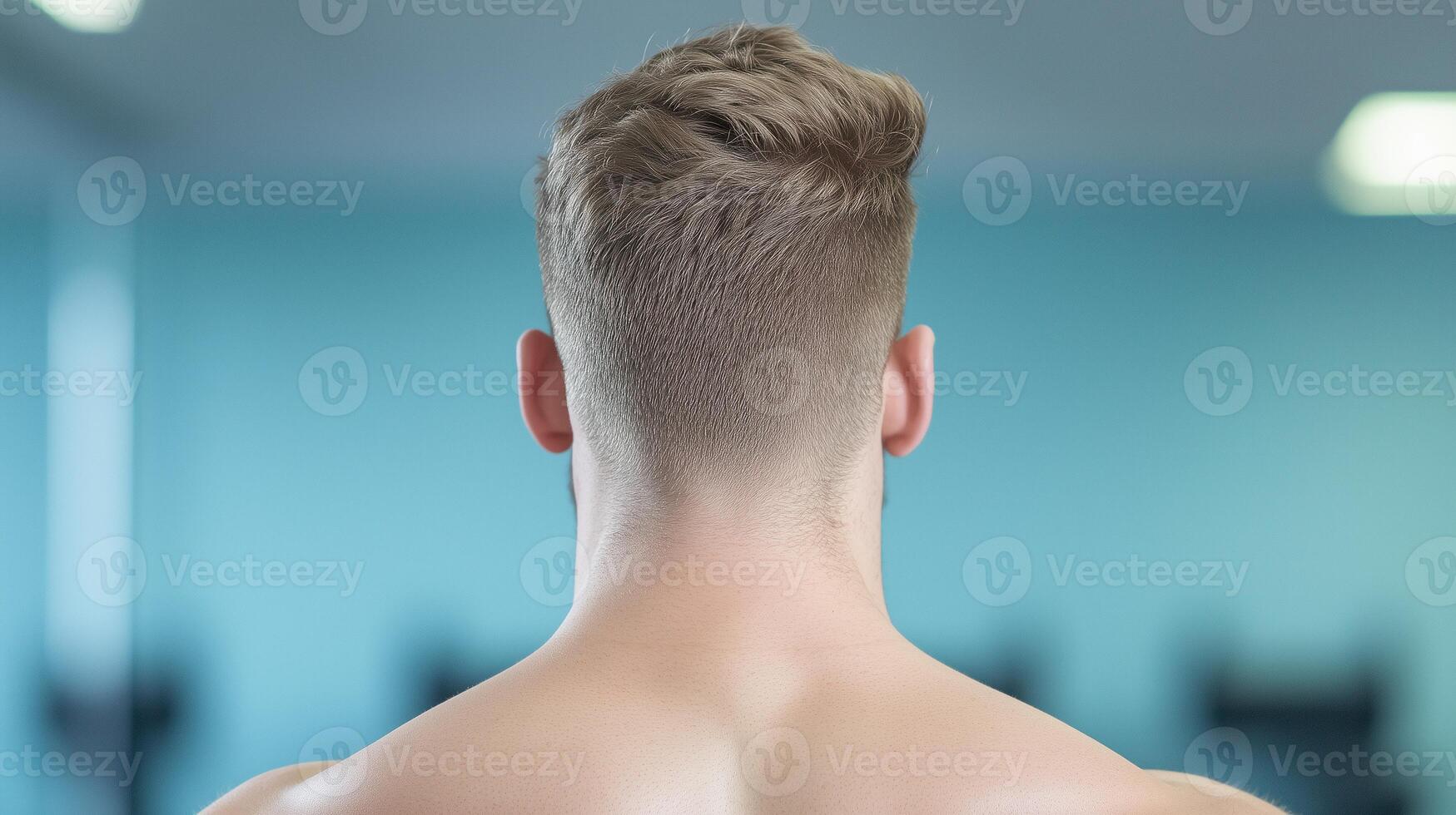 Muscular Transgender Man Working Out in Gym with Focus on Back Muscles Fitness Strength Health Workout Routine Motivation Athletic Build Style Concept Blue Background Modern Interior photo