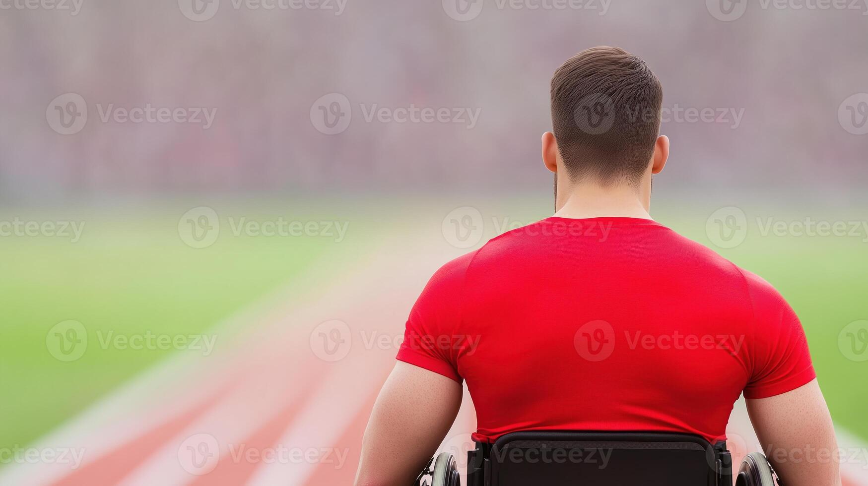 Athlete in Wheelchair Wearing Red Shirt on Running Track, Symbolizing Determination and Inclusion in Sports and Celebrating Physical Abilities in Professional Athletics photo