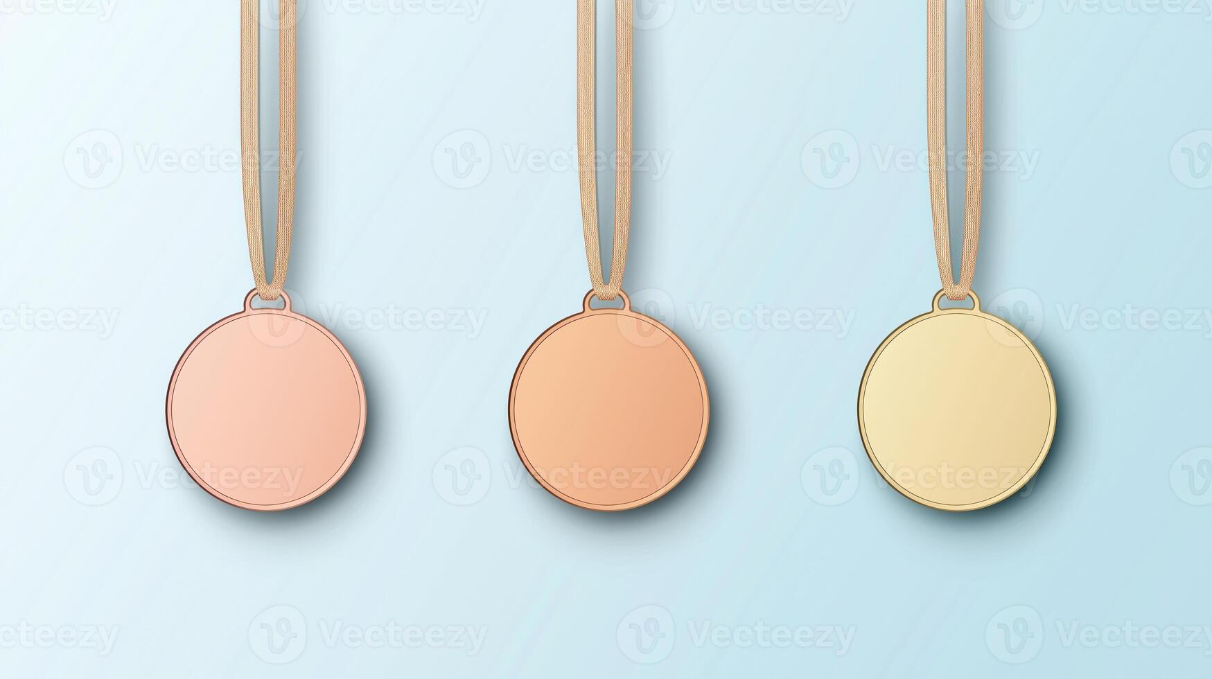 Three Empty Winner Gold, Silver, Bronze Medals Set Isolated on Light Blue Background Representing Victory and Achievement in Sports and Competitions photo
