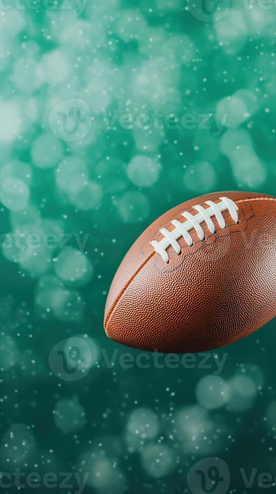 American Football On Green Bokeh Background Vertical Format, Featuring Cinematic Style And Focus On Leather Texture For Sports Enthusiasts And Graphic Designers, Ideal Composition For Seasonal Themes photo
