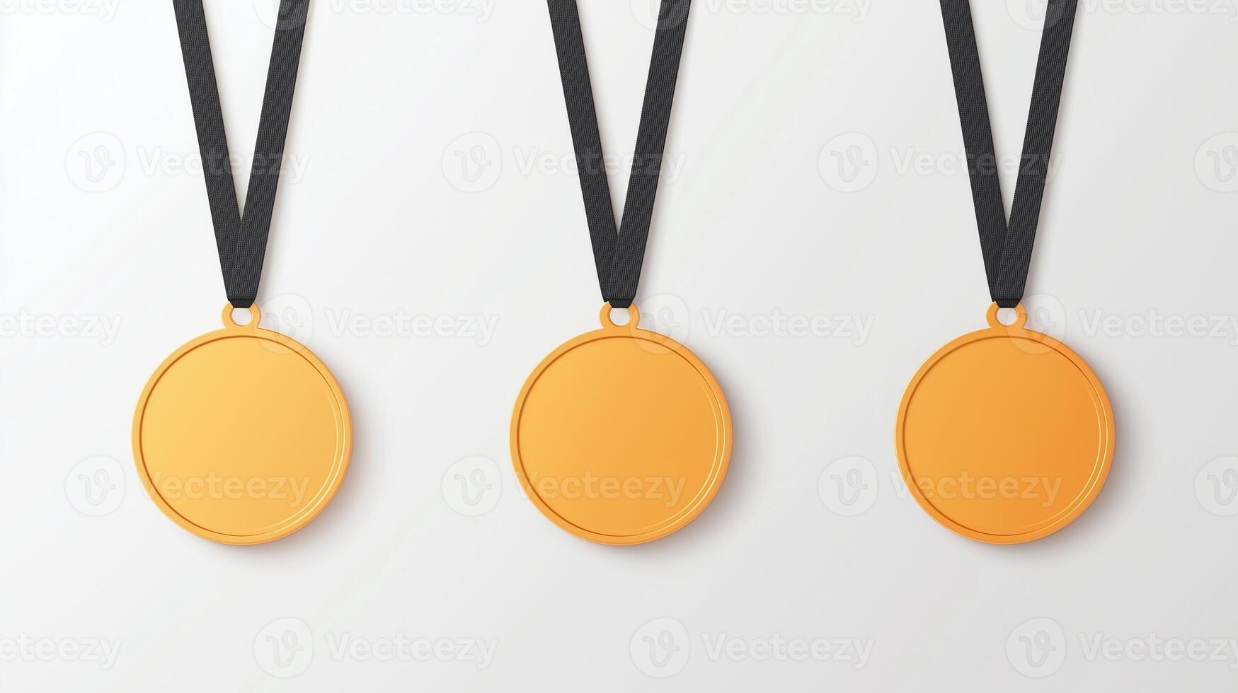 Three Golden Medals with Black Ribbons on Transparent Background Representing Victory and Achievement in Sports and Competitions photo