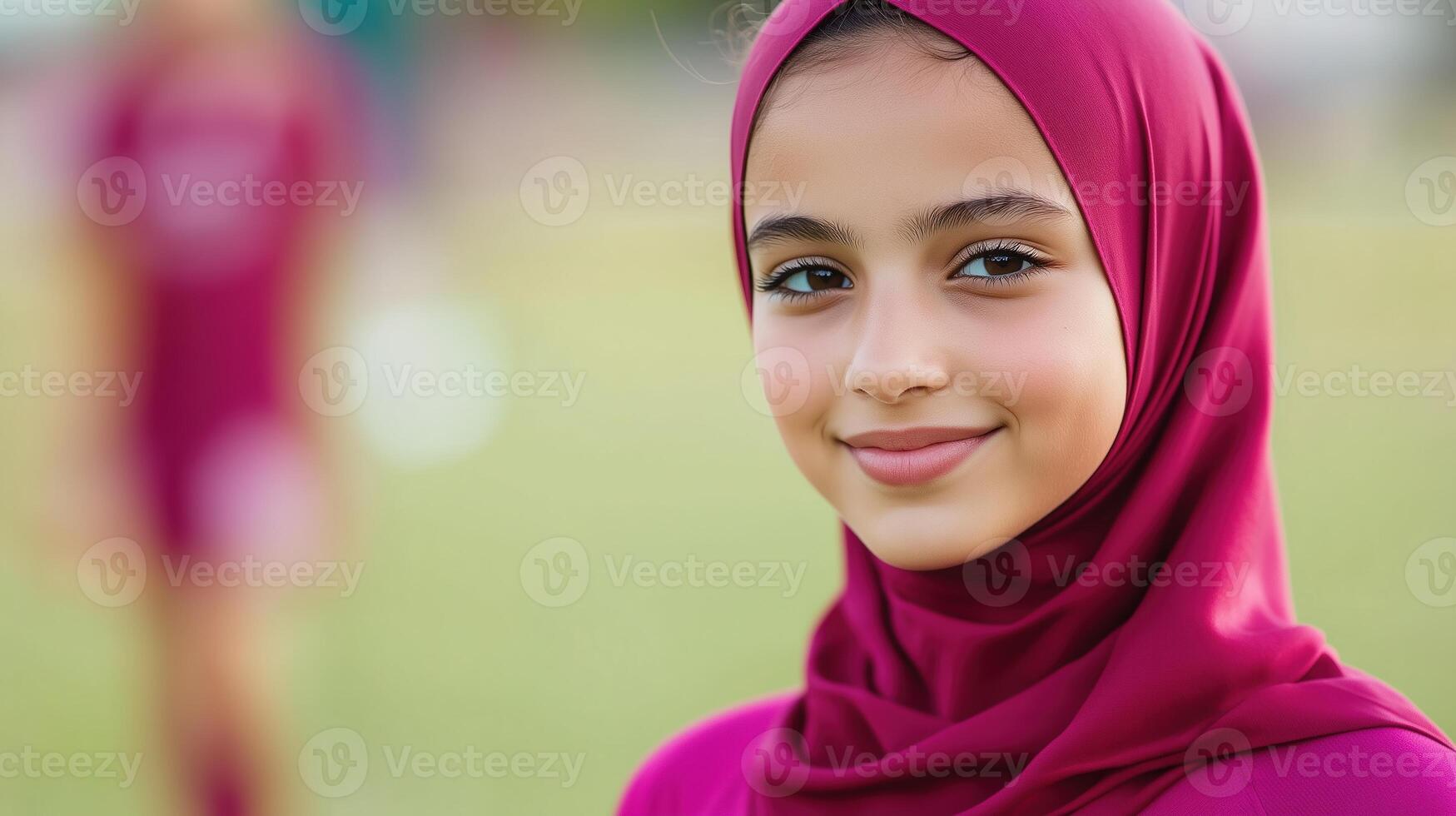 Teenager Wearing Hijab in Sports Setting with Confident Smile and Background Blur for Cultural Diversity and Youth Empowerment Themes in Portrait Photography photo