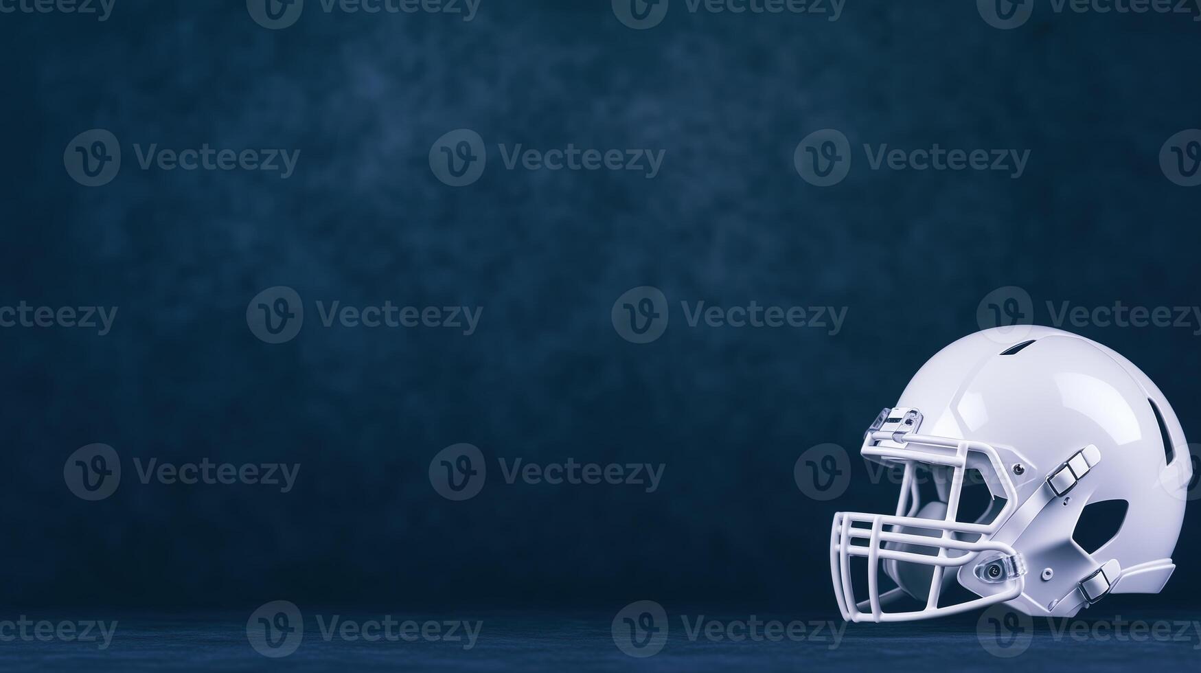 Two White Football Helmets on Dark Background for Sports Team Design and Copy Space in Professional Athletic Concepts and Promotional Material for Championship Event or Sport-Themed Displays photo