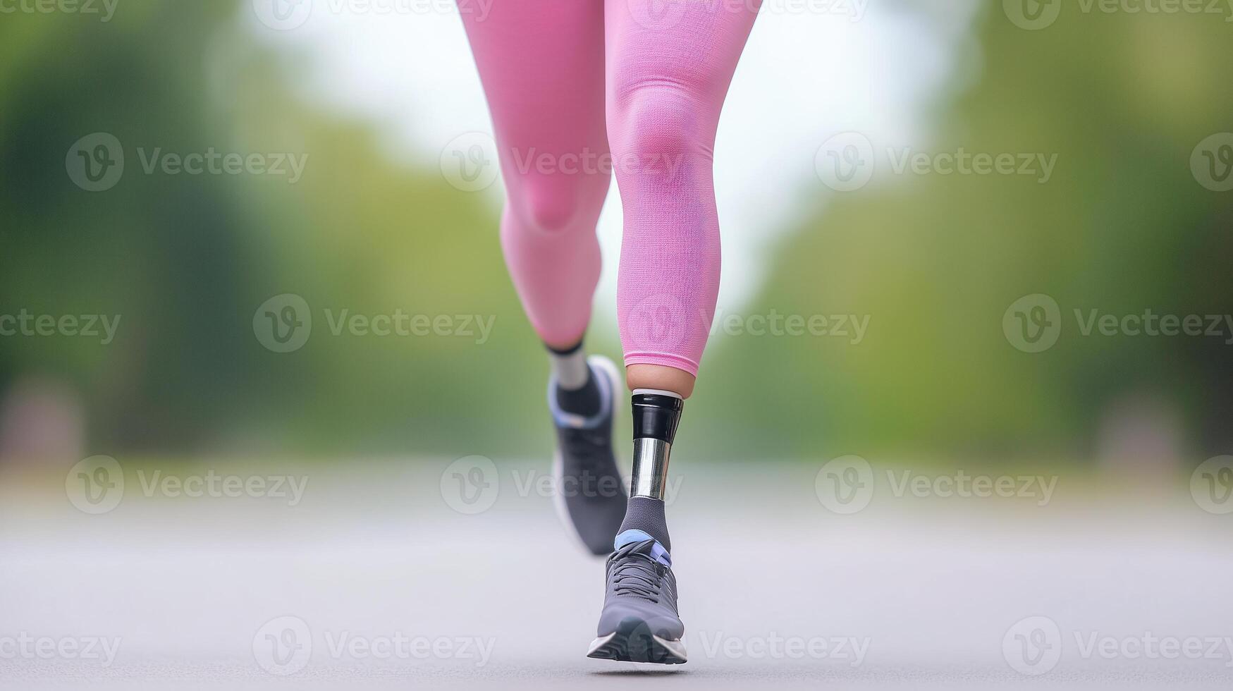 Athletic Woman Running with Prosthetic Leg Outdoors on a Sunny Day, Showcasing Determination and Inspiration in a Natural Setting, Highlighting Sports and Technology Integration for Modern Fitness photo
