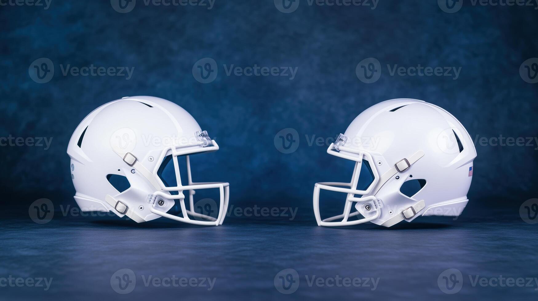 Two White Football Helmets Placed Side by Side on a Dark and Textured Blue Background in Studio Lighting for Sports Equipment Display and Advertising photo