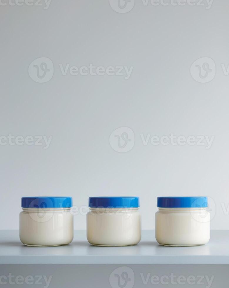 three jars of cream sitting on a table with a blue lidthree jars of cream sitting on a table with a blue lid. photo