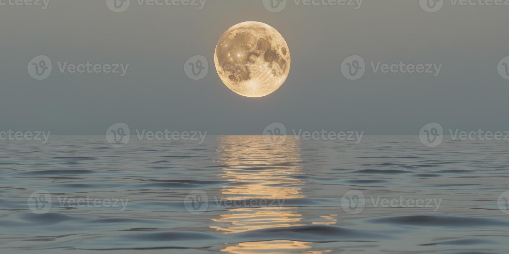 Crescent moon illuminates lake with gentle golden ripples of light and tranquility photo