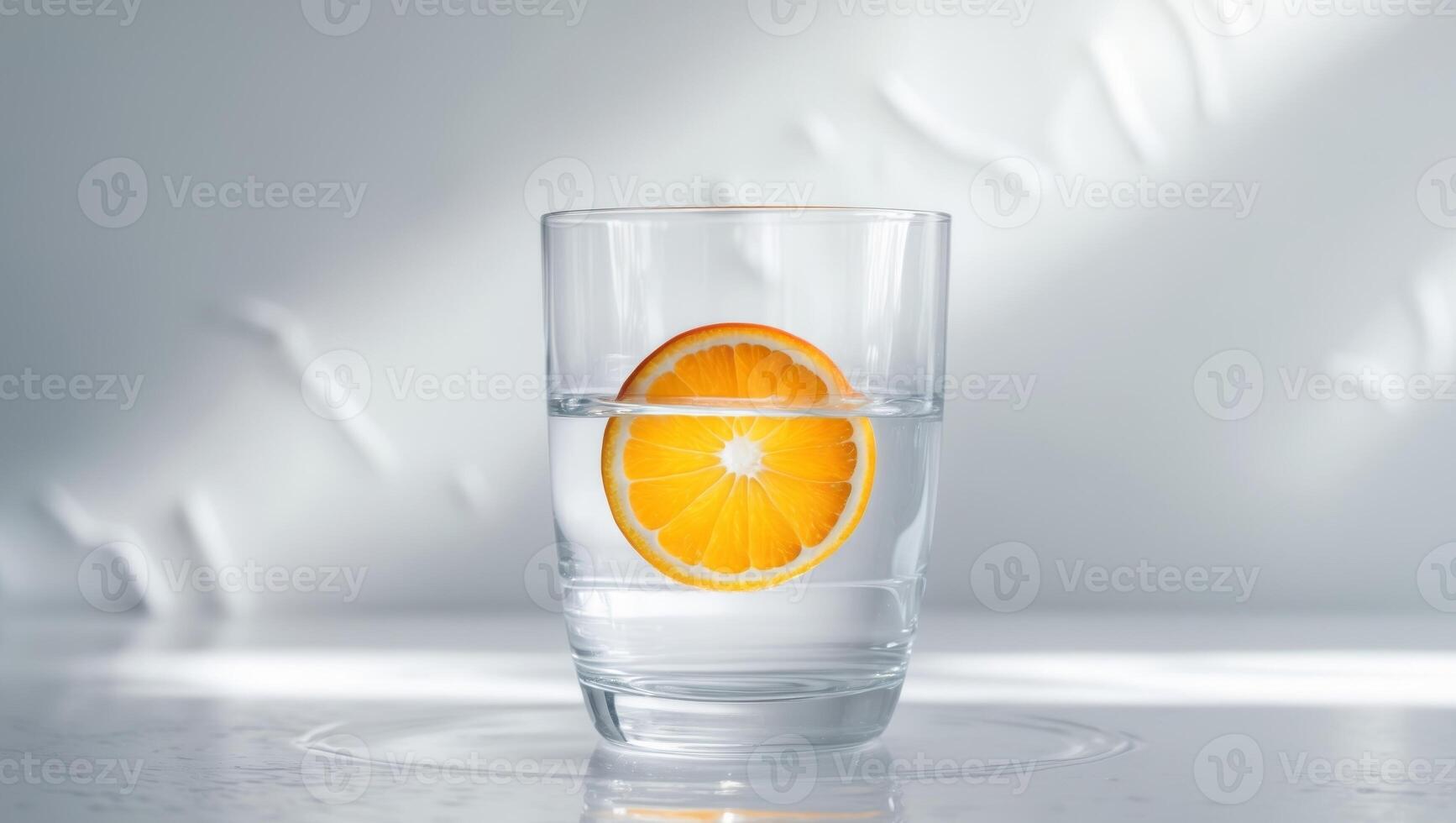 a glass of water with a slice of orange in it the glass is half full and the orange slice is floating on top of the water photo