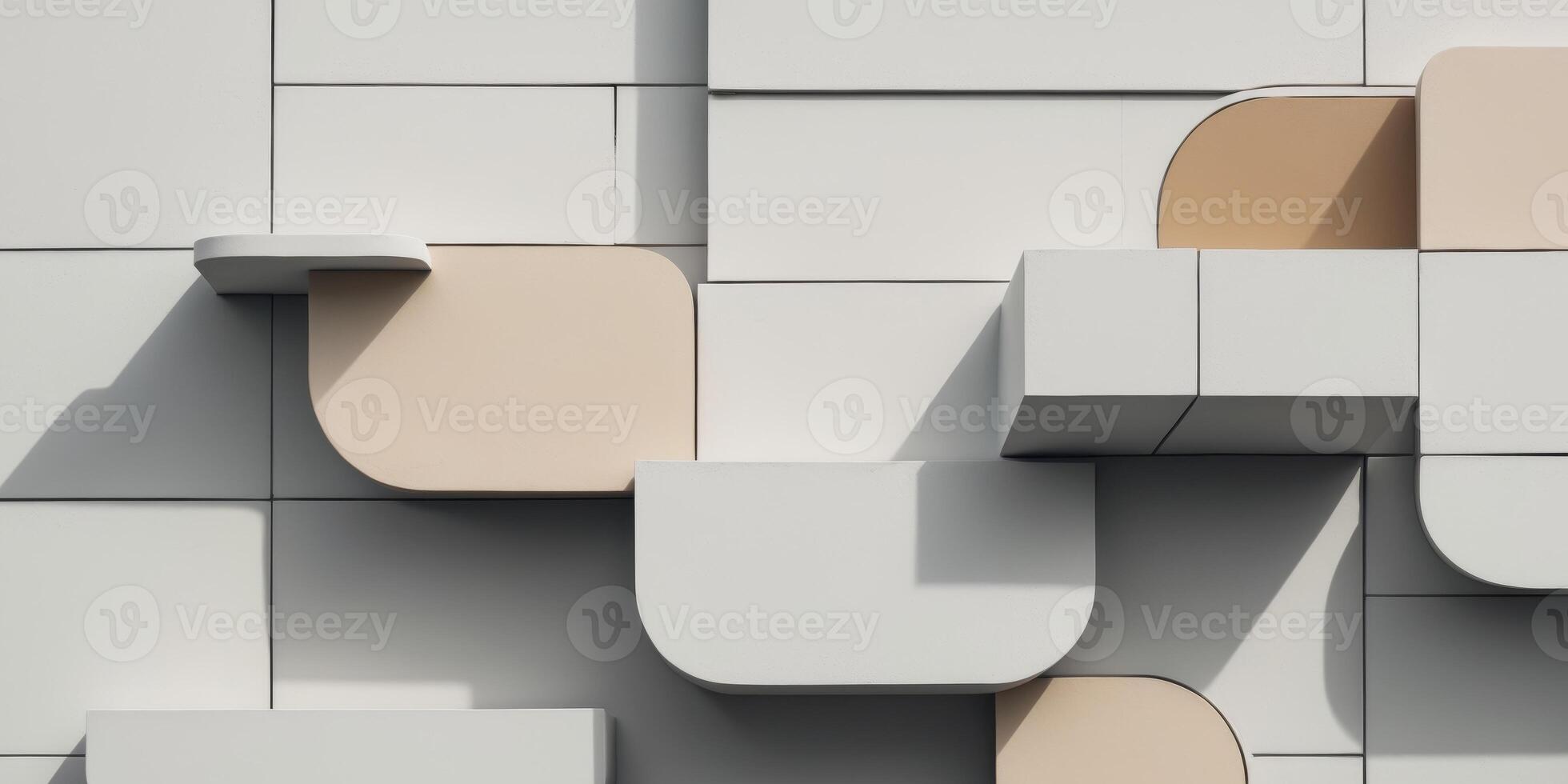 An abstract representation of a building facade with overlapping rounded and rectangular shapes photo