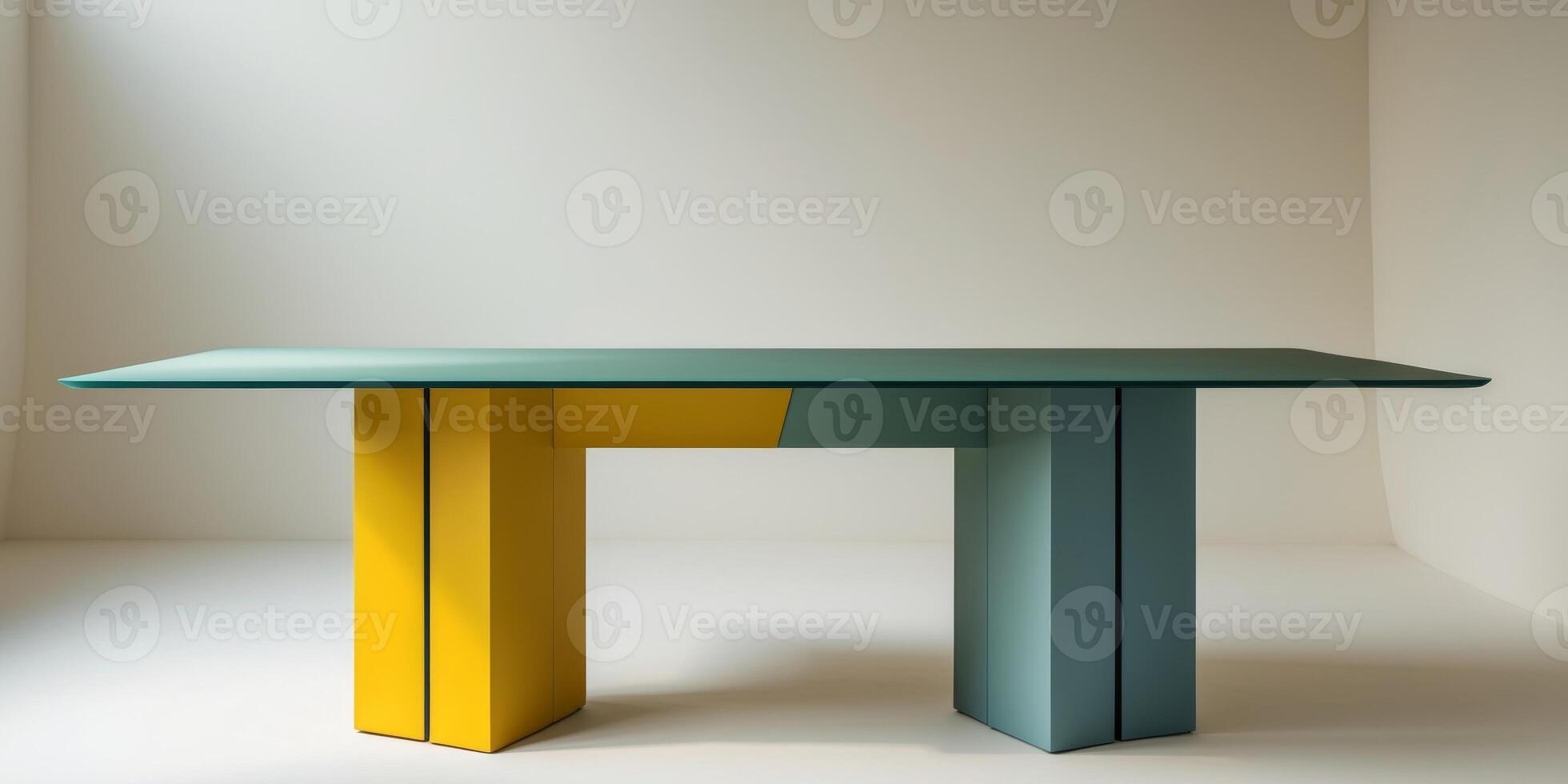 A table with a yellow and blue base and a green top photo