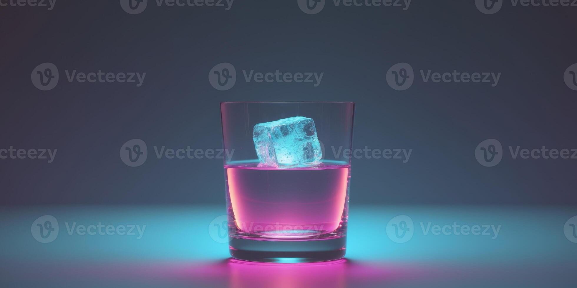 Glass of Liquid with Ice Cube Neon Light Abstract DrinkGlass of Liquid with Ice Cube Neon Light Abstract Drink. photo