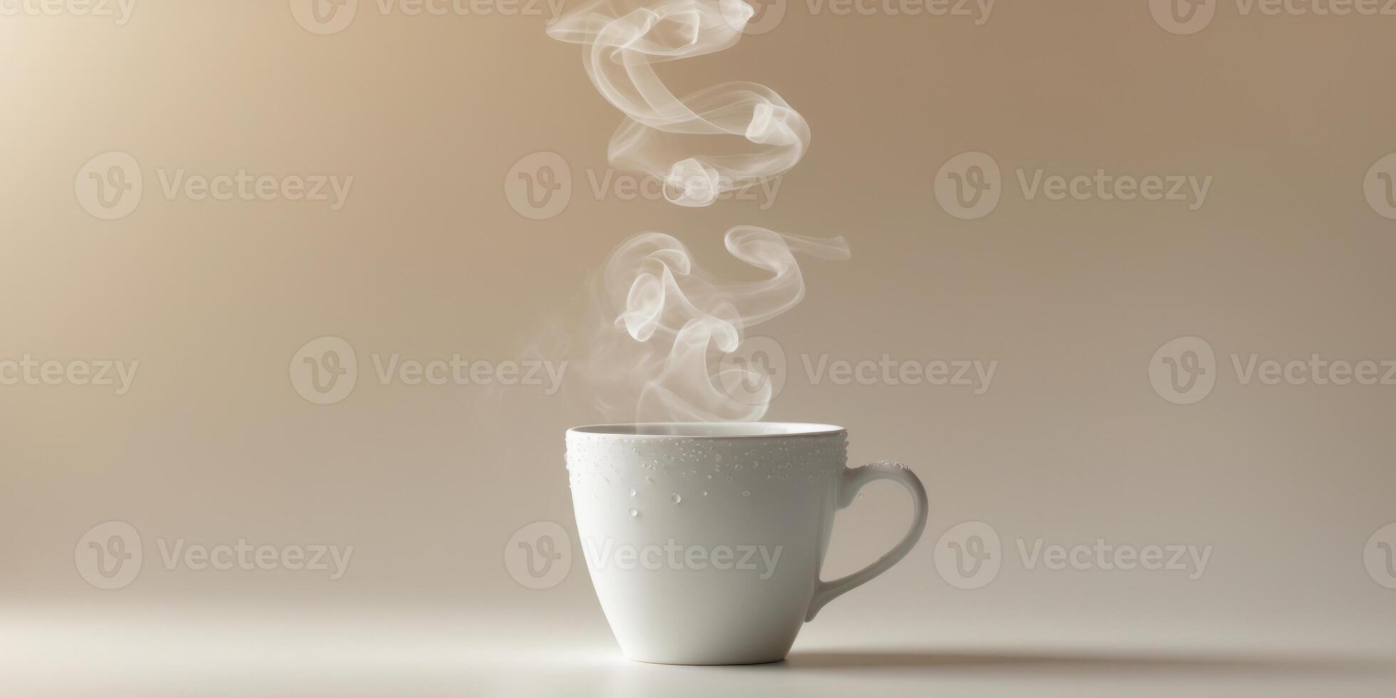 A coffee cup with rising steam creating delicate floating clouds above its surface photo