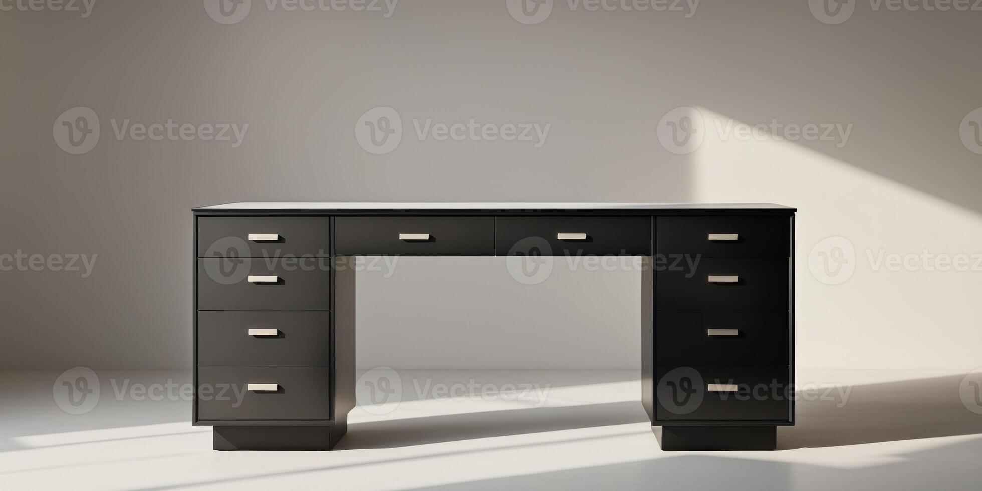 A large black desk with three drawers on each sideA large black desk with three drawers on each side. photo