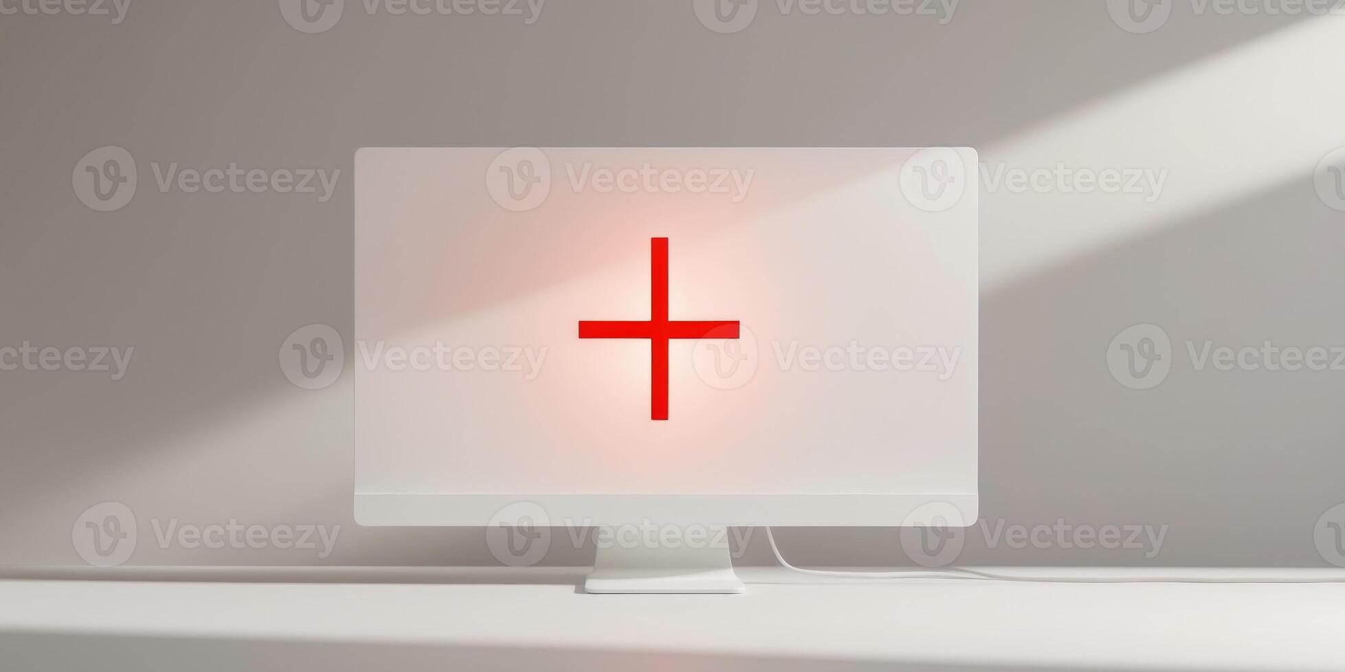 A computer screen with a large red plus sign in the middle photo
