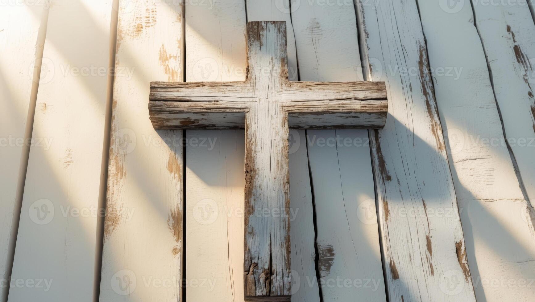 Rustic Wooden Cross on Weathered Planks with Sunlight Rays photo
