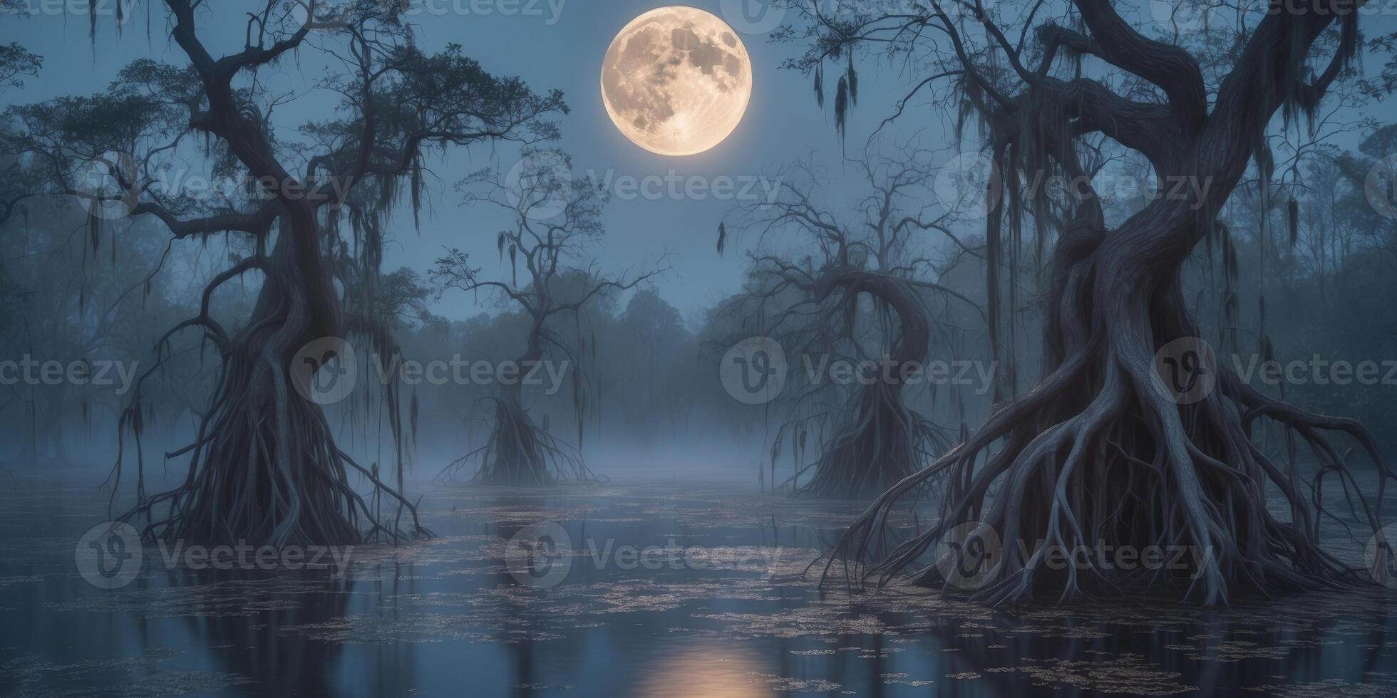 Enigmatic moonlit swamp with glowing waters and spiraling ghostly trees unveils nature s mysteryEnigmatic moonlit swamp with glowing waters and spiraling ghostly trees unveils nature s mystery. photo