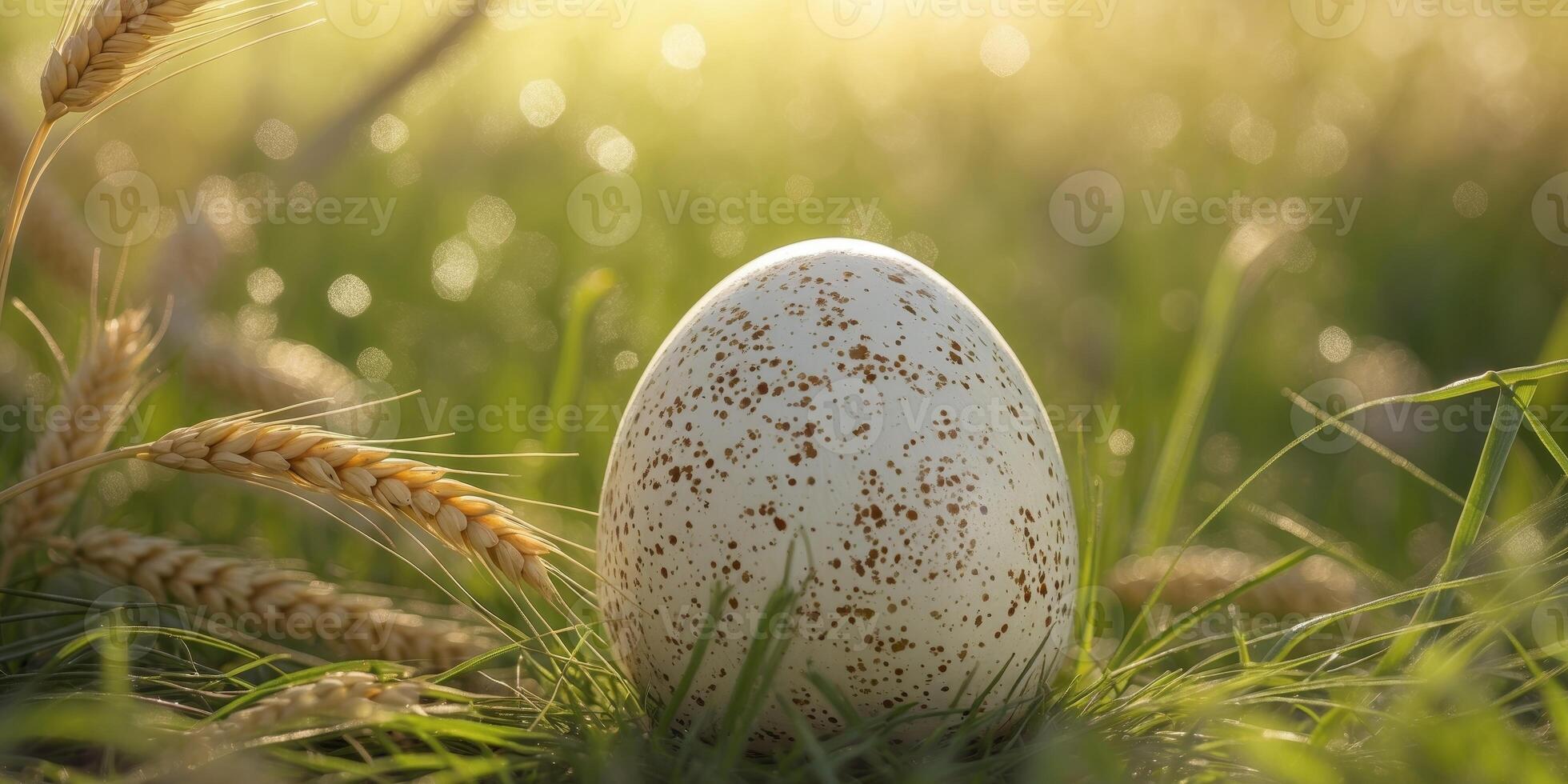 A speckled bird egg rests in a sunlit fieldA speckled bird egg rests in a sunlit field. photo