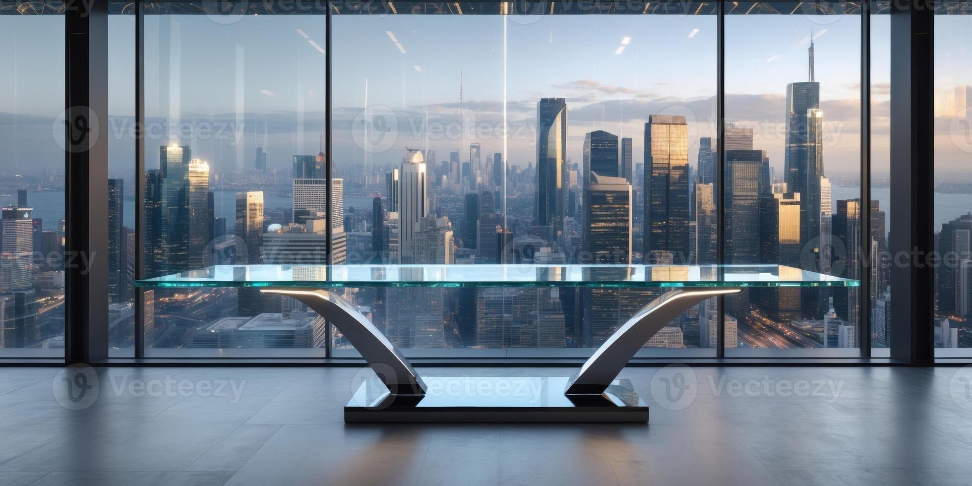 Elegant Glass Table with Stunning City Skyline Backdrop for Product Display or Corporate Presentation photo