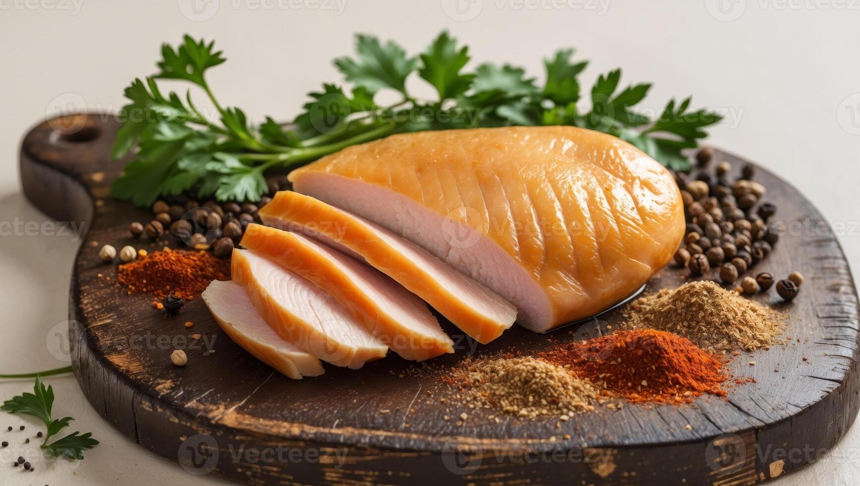 Close up view of chicken and spices on wooden cutting boardClose up view of chicken and spices on wooden cutting board. photo