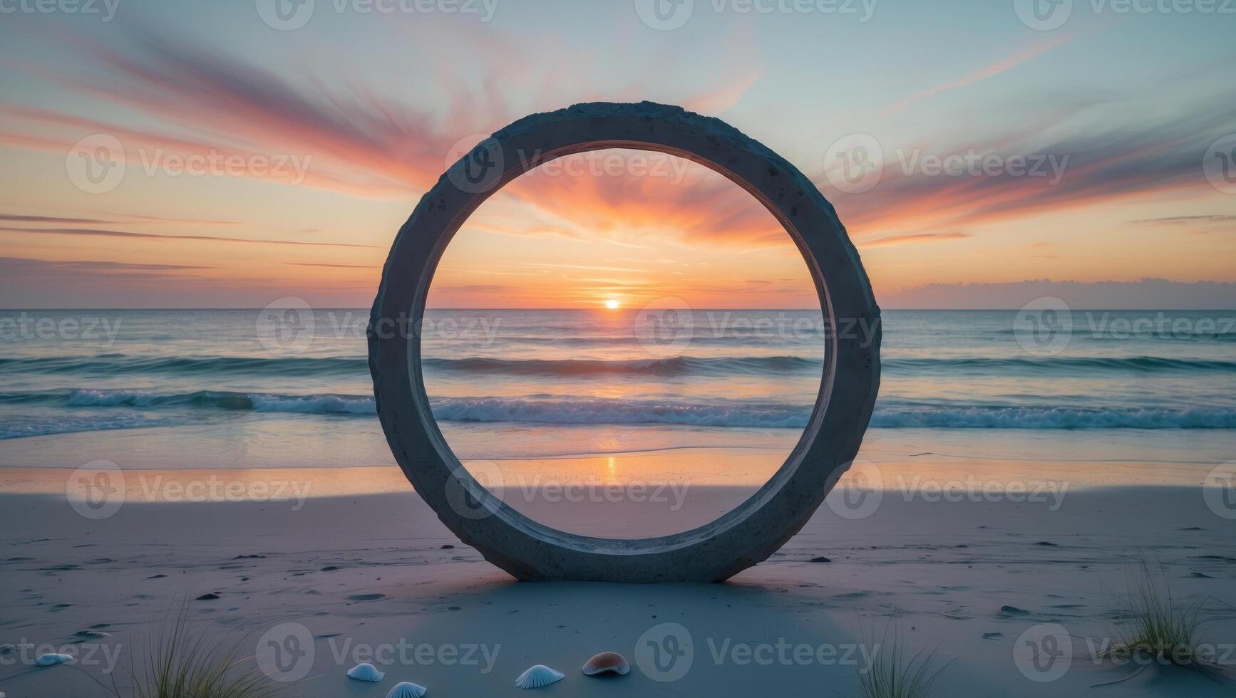 Sunset brilliance viewed through a circular frame on a serene beach at twilight highlighting vibrant colors and gentle waves photo