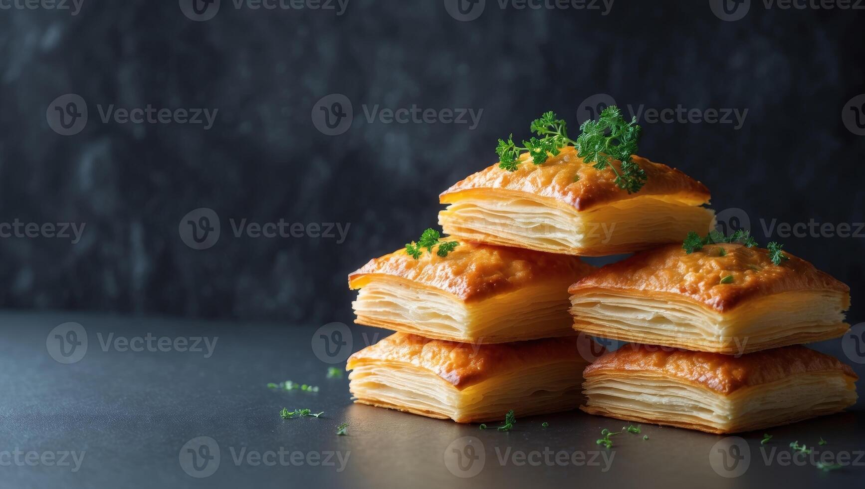 Golden Brown Savory Pastry Squares Stacked on a Dark Background with Fresh Herb GarnishGolden Brown Savory Pastry Squares Stacked on a Dark Background with Fresh Herb Garnish. photo