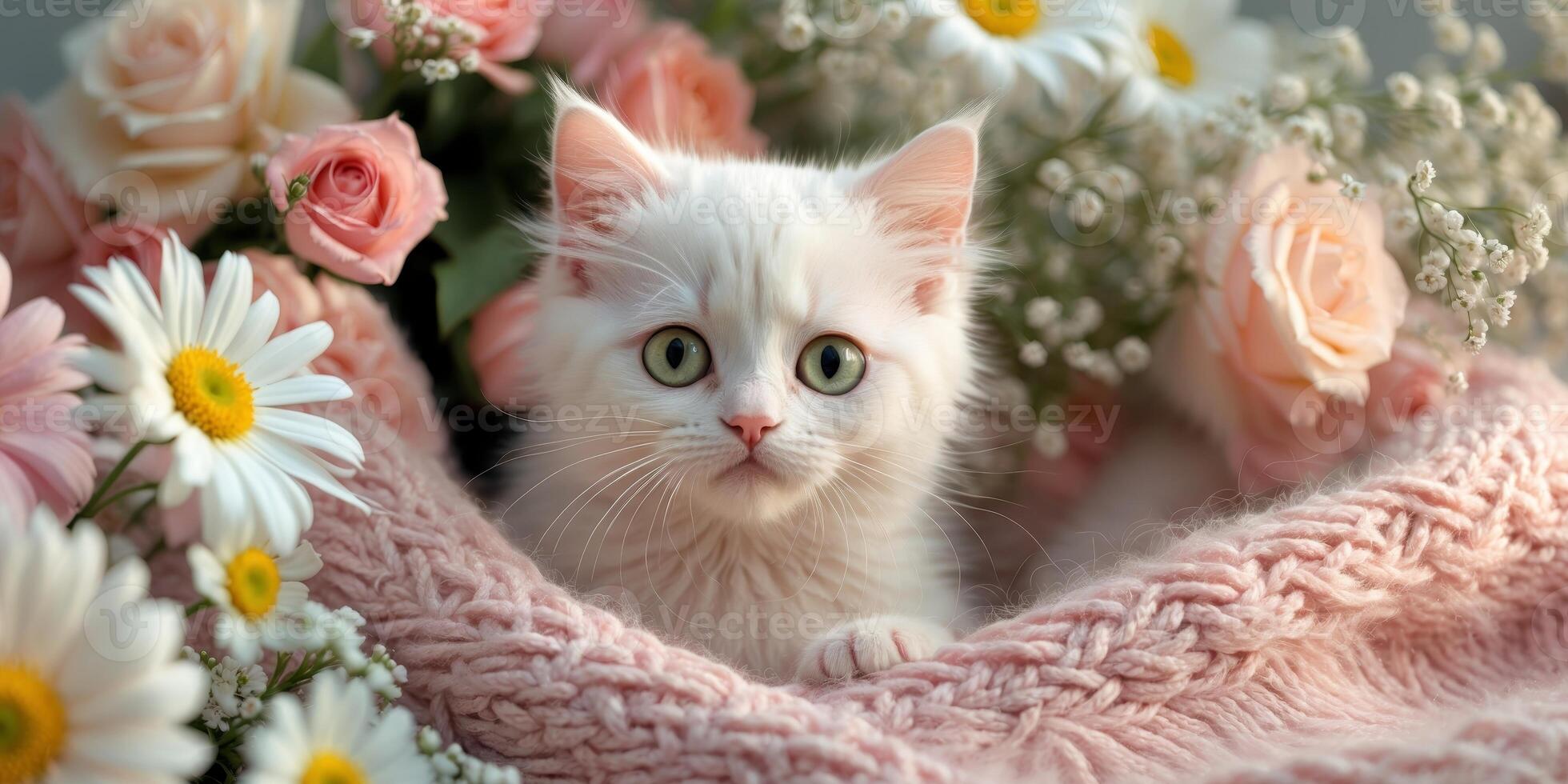 Cute Kitten Hiding in a Knitted Blanket Among FlowersCute Kitten Hiding in a Knitted Blanket Among Flowers. photo