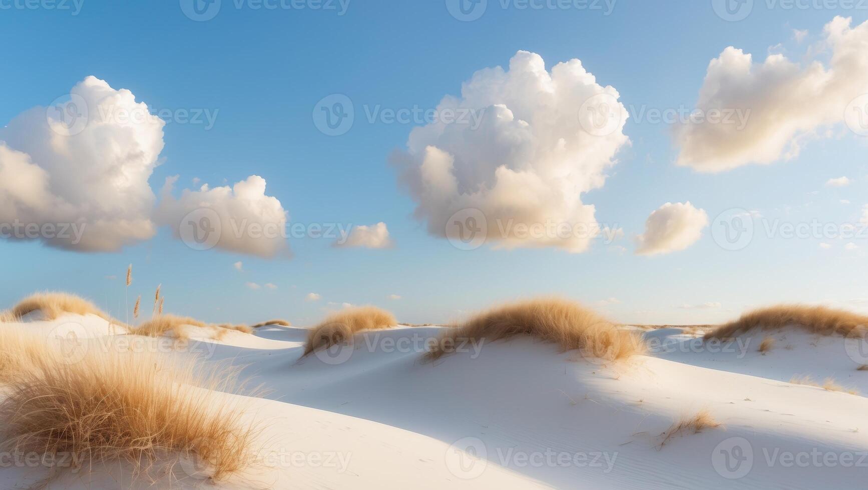White sand dunes landscape with dry grass and puffy cloudsWhite sand dunes landscape with dry grass and puffy clouds. photo