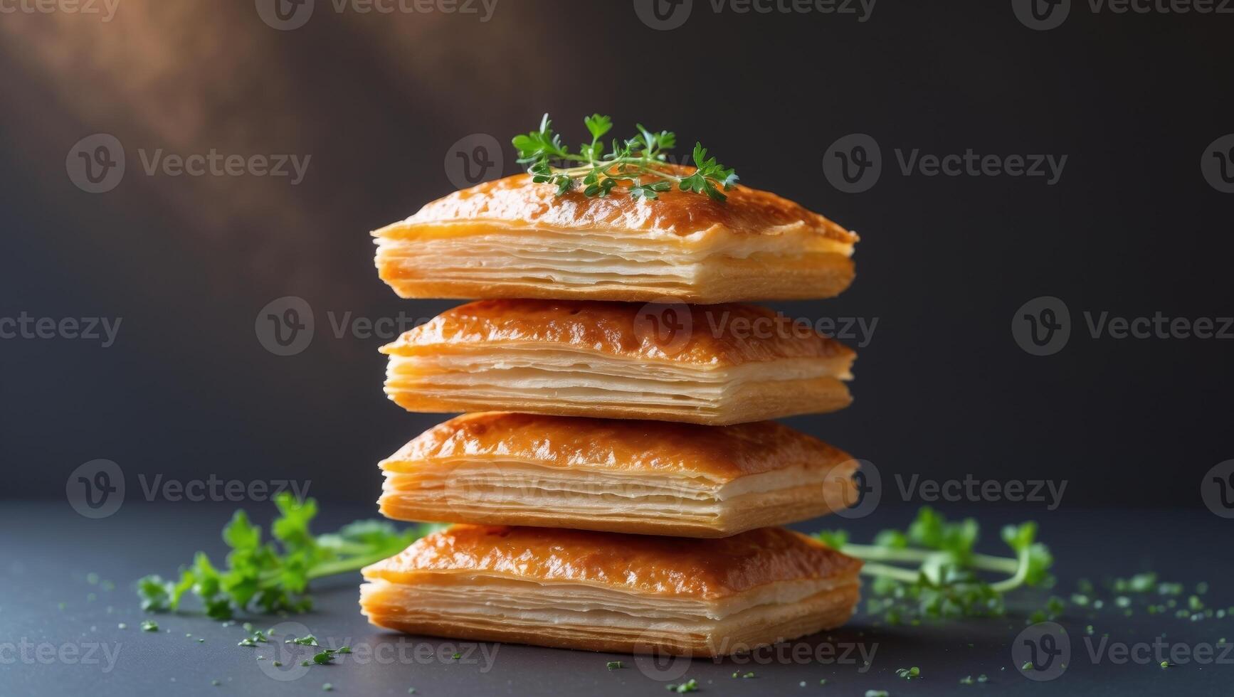 Golden Brown Savory Pastry Squares Stacked on a Dark Background with Fresh Herb Garnish photo
