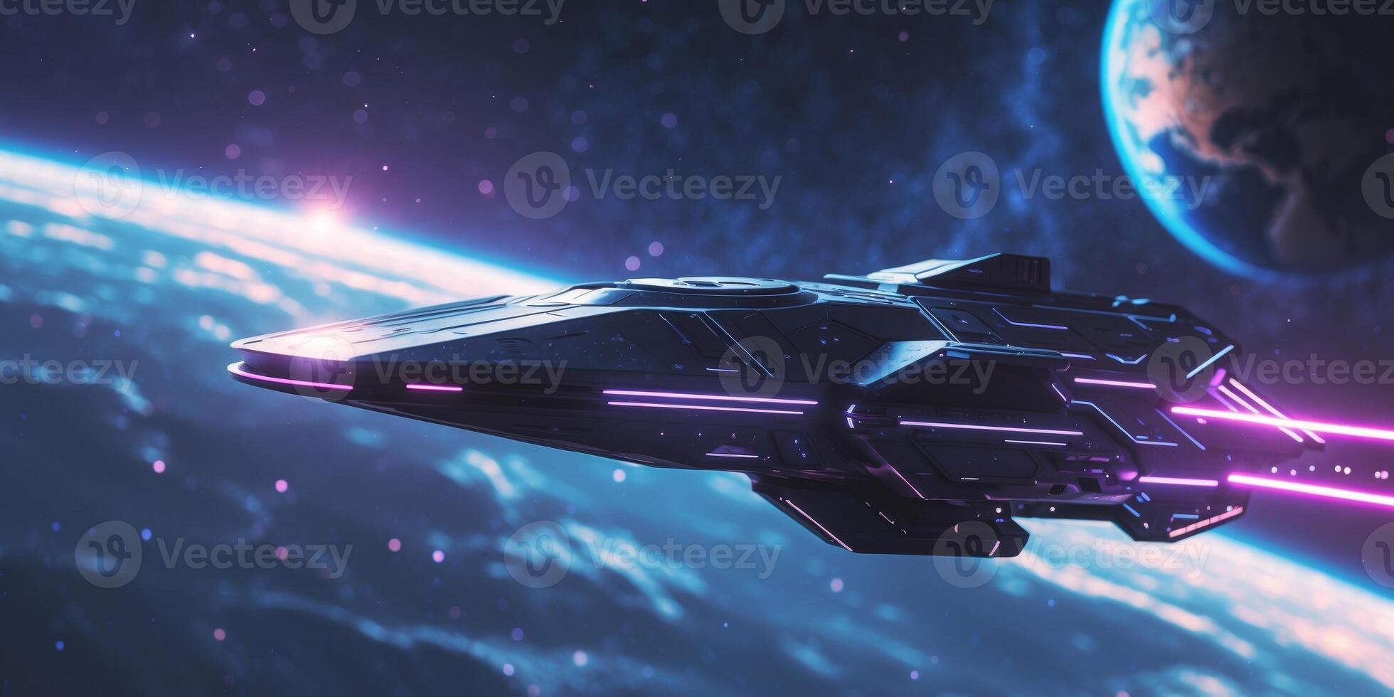 Futuristic Spaceship in Cosmic Scene with Earth and Stars in Cyberpunk Style photo