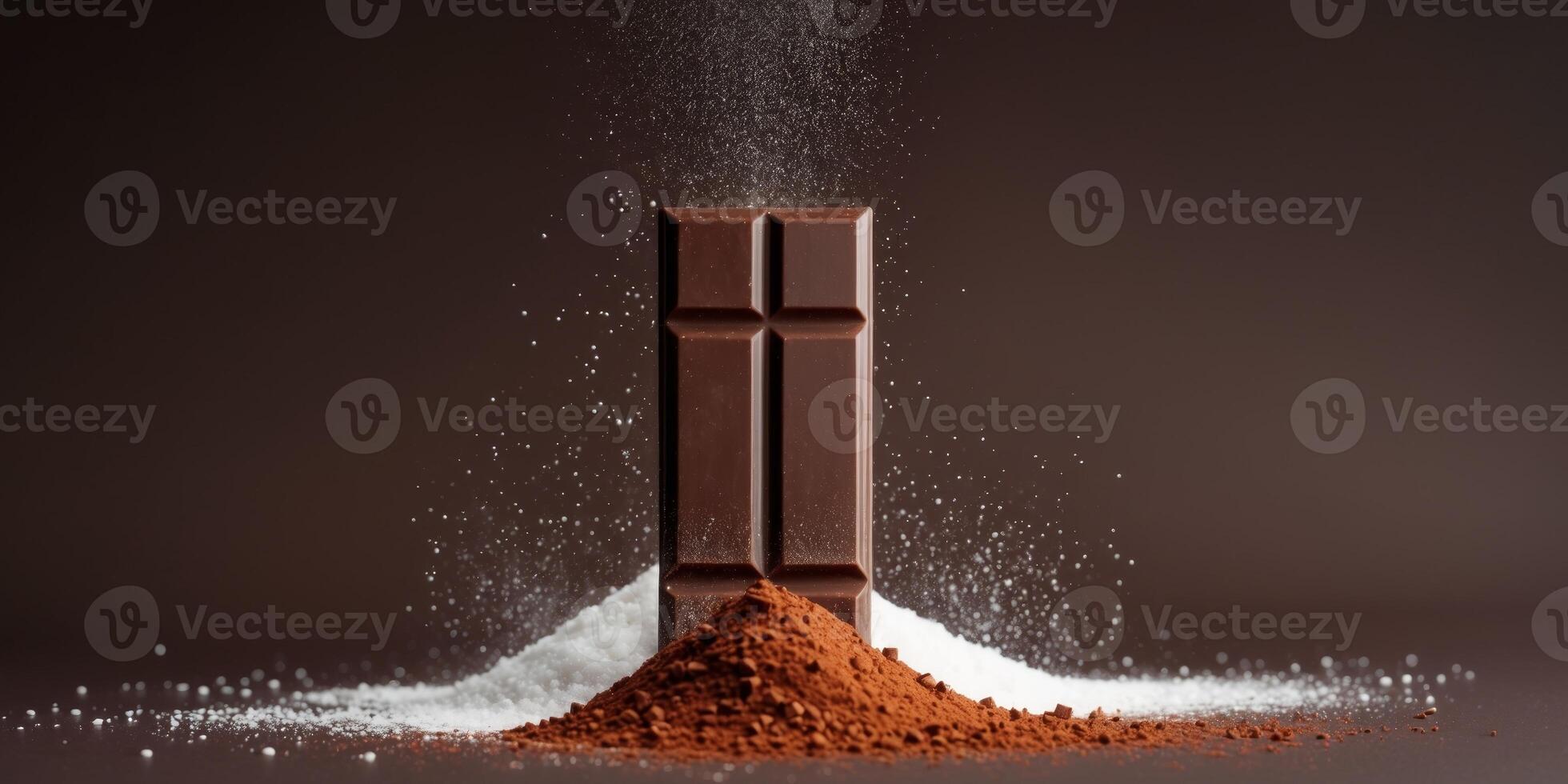 chocolate bar with white powder and cocoa powder on dark backgroundchocolate bar with white powder and cocoa powder on dark background. photo