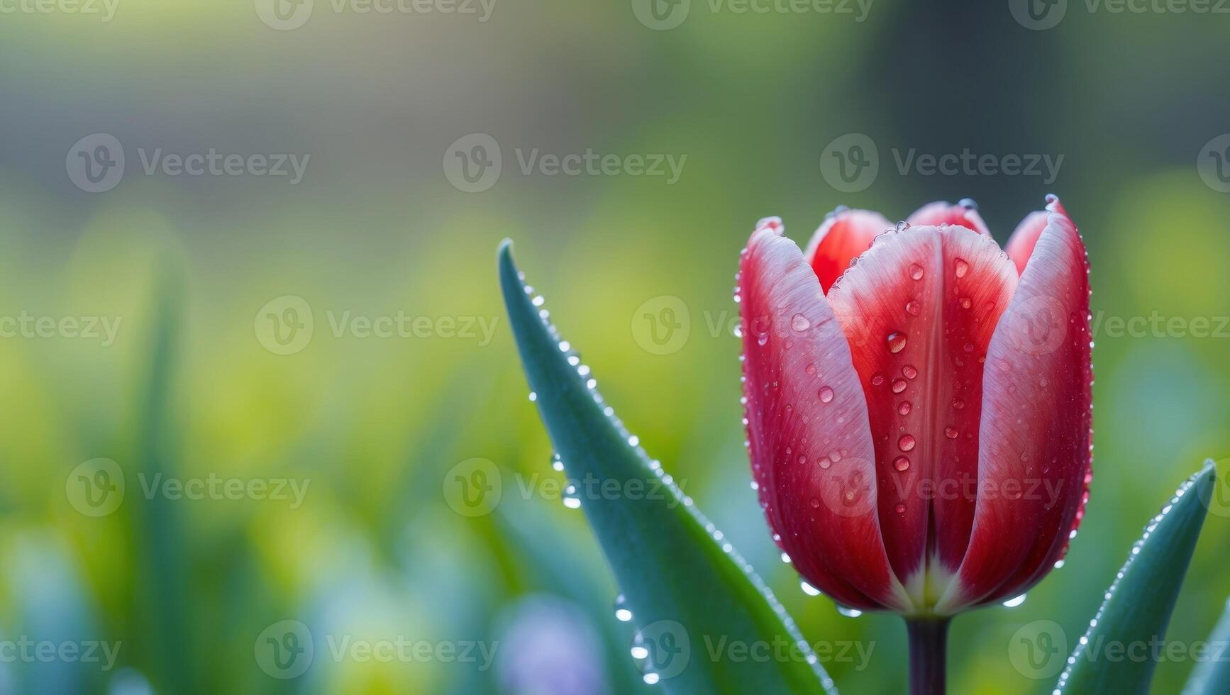 red tulip with dew drops on green blurred background of spring gardenred tulip with dew drops on green blurred background of spring garden. photo