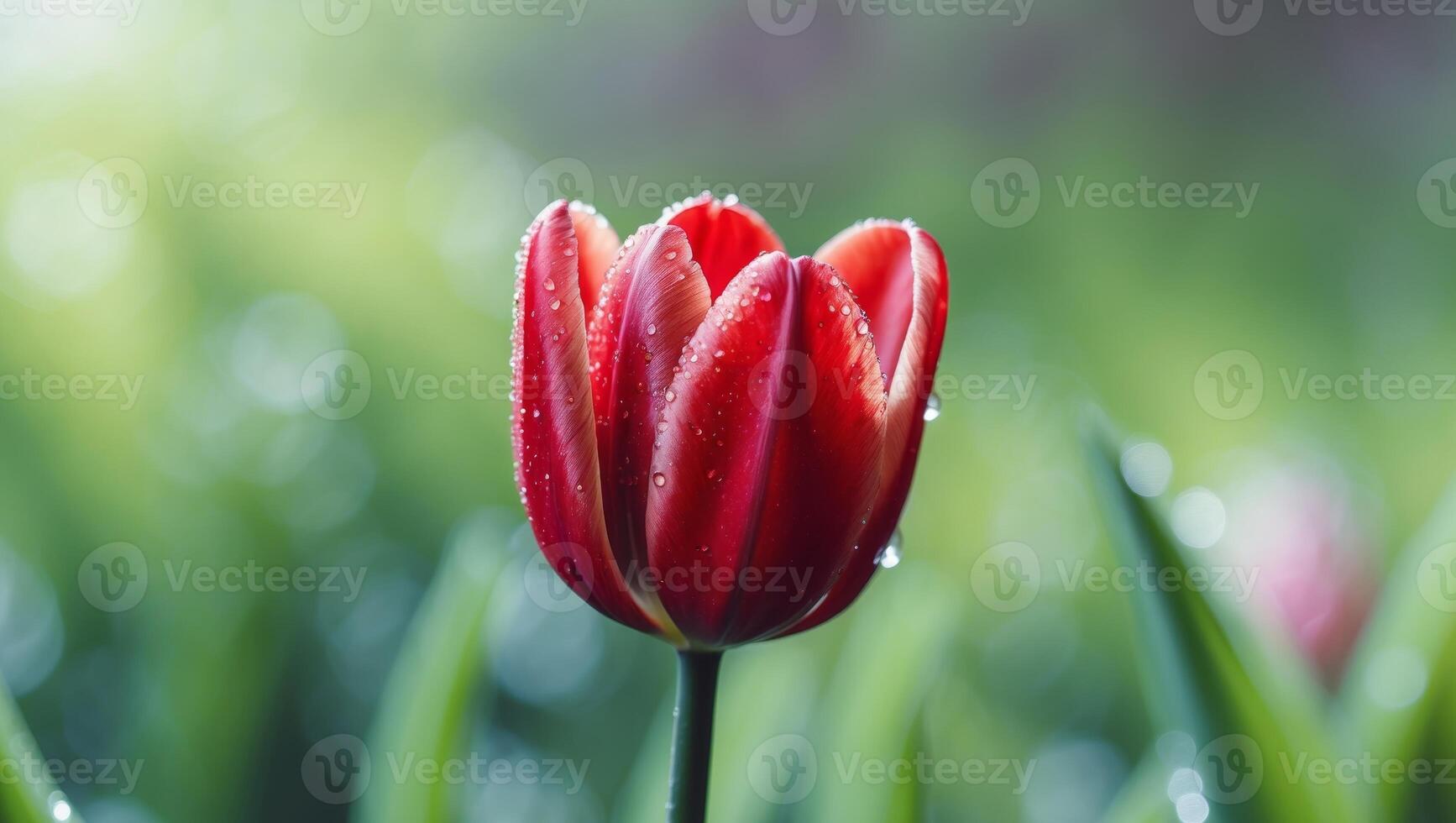 red tulip with dew drops on green blurred background of spring garden photo